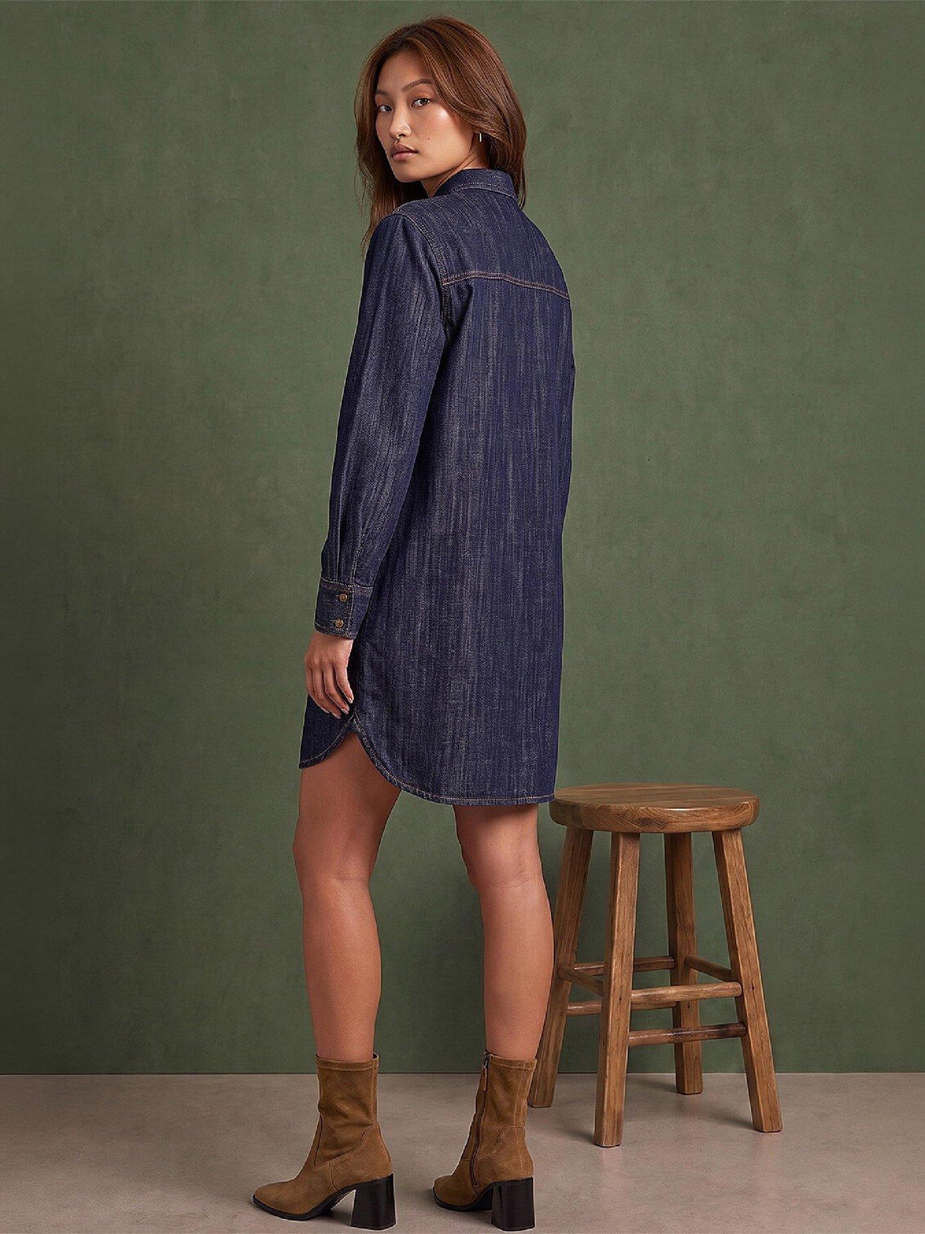 Image 4 of 4 of Roman Womens Button Through Denim Side Pocket Shirt Dress - Blue