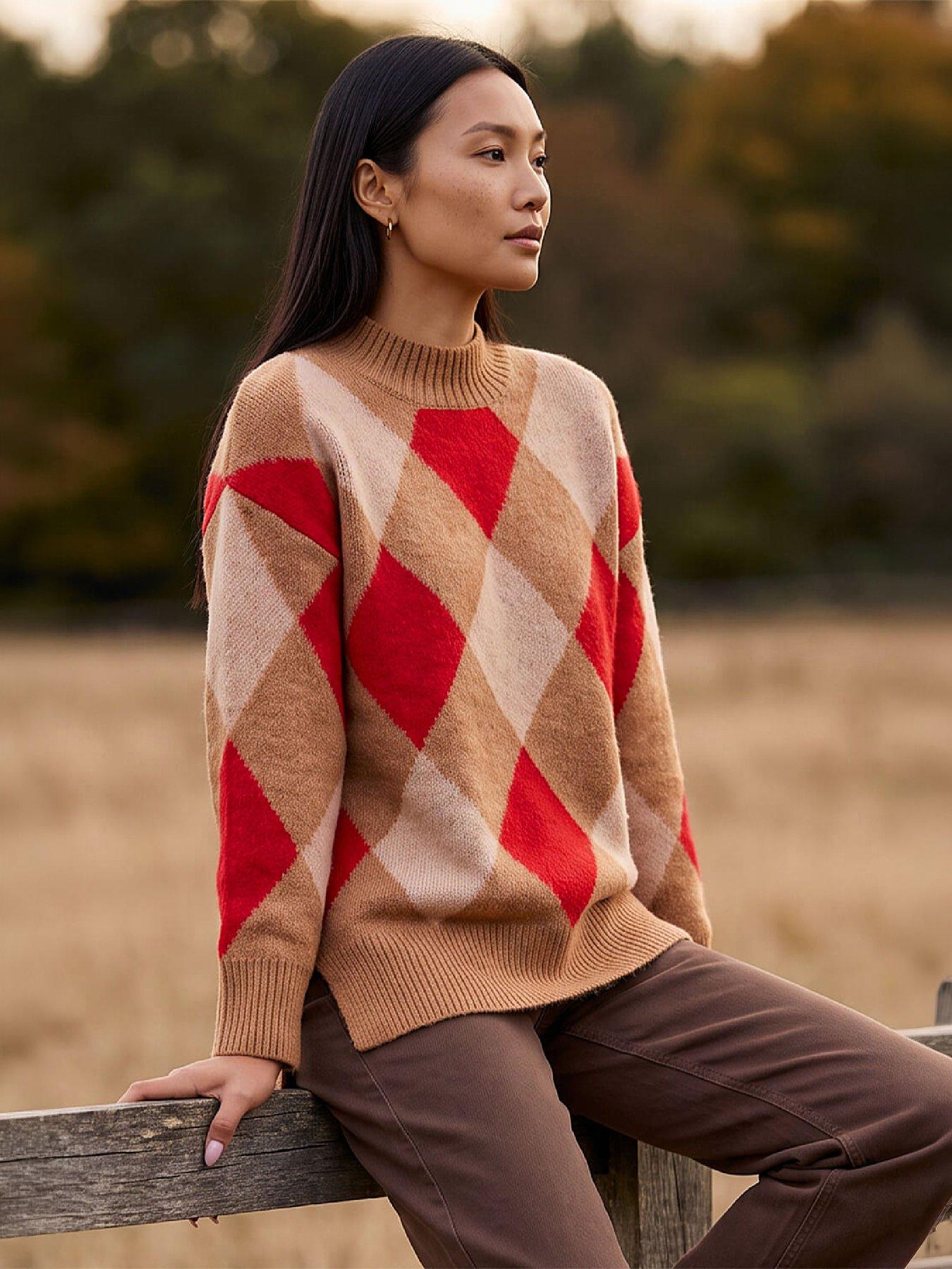 Image 1 of 4 of Roman Womens Diamond Argyle Longline High Neck Jumper - Multi