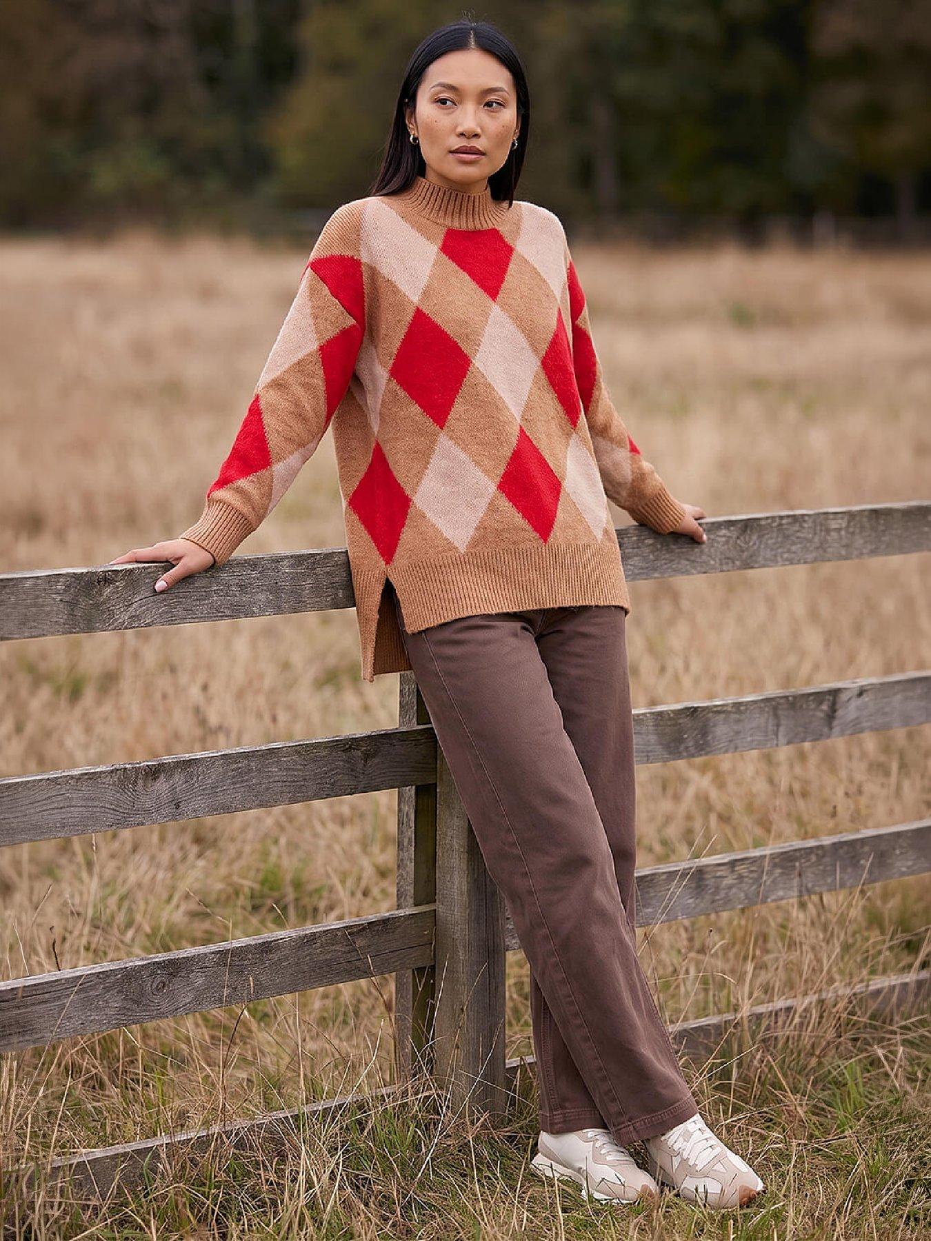 Image 3 of 4 of Roman Womens Diamond Argyle Longline High Neck Jumper - Multi