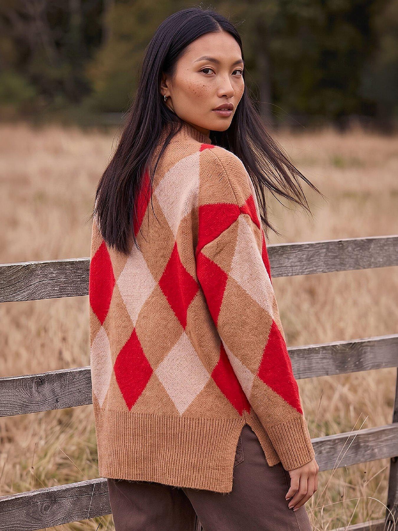 Image 4 of 4 of Roman Womens Diamond Argyle Longline High Neck Jumper - Multi
