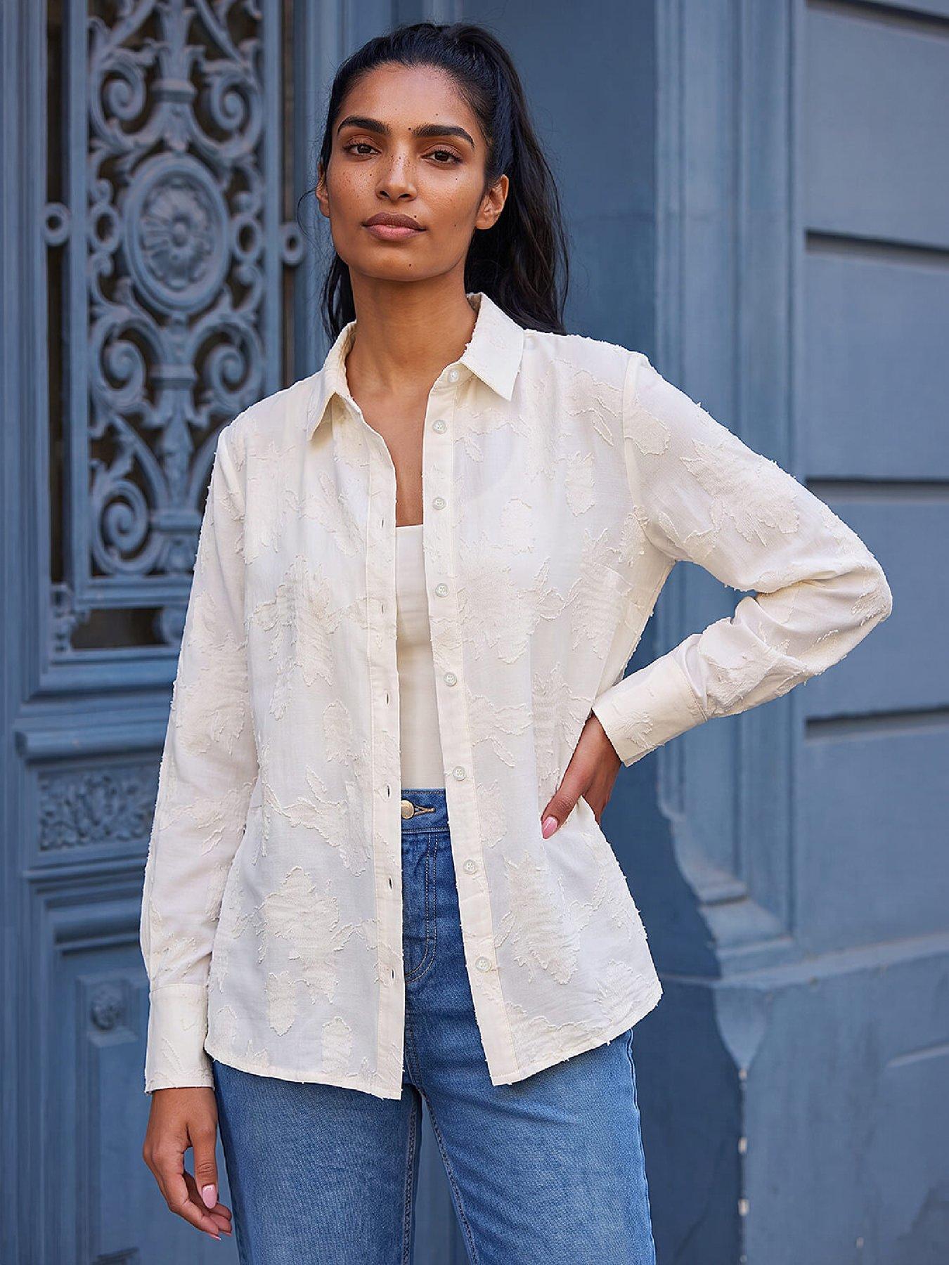 Image 1 of 4 of Roman Womens Floral Textured Collared Oversized Shirt - Cream