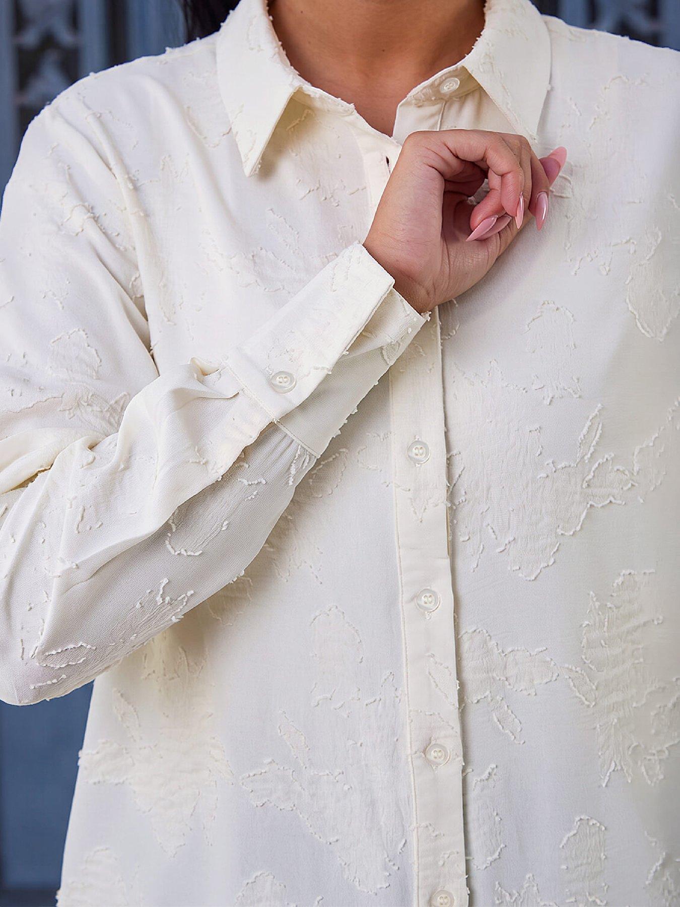 Image 2 of 4 of Roman Womens Floral Textured Collared Oversized Shirt - Cream