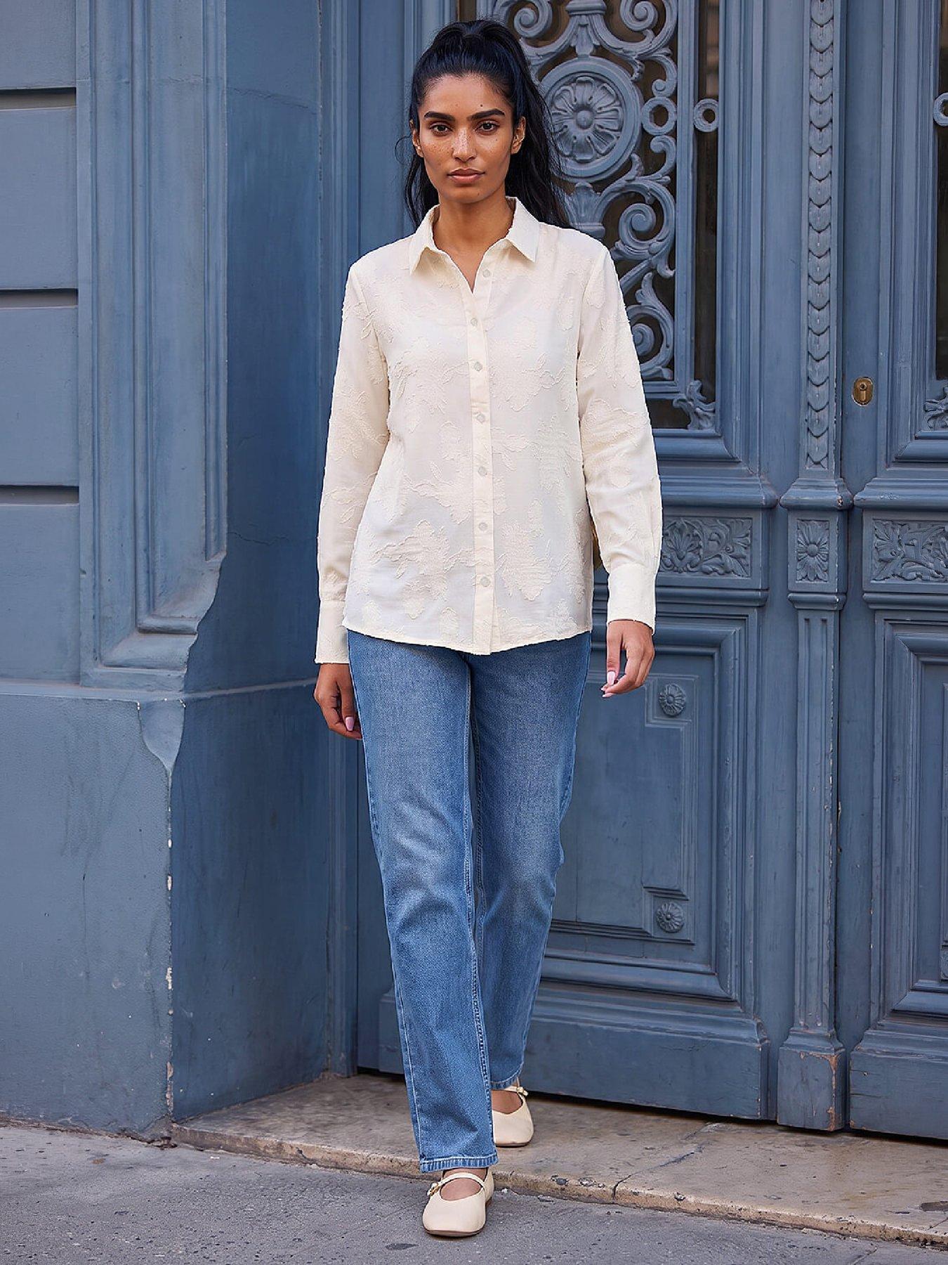 Image 4 of 4 of Roman Womens Floral Textured Collared Oversized Shirt - Cream
