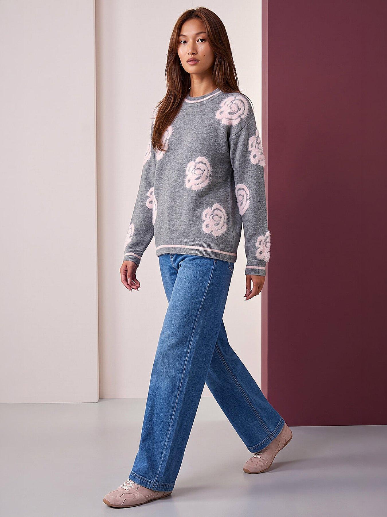 Image 3 of 4 of Roman Womens Fluffy Floral Crew Neck Jumper - Grey