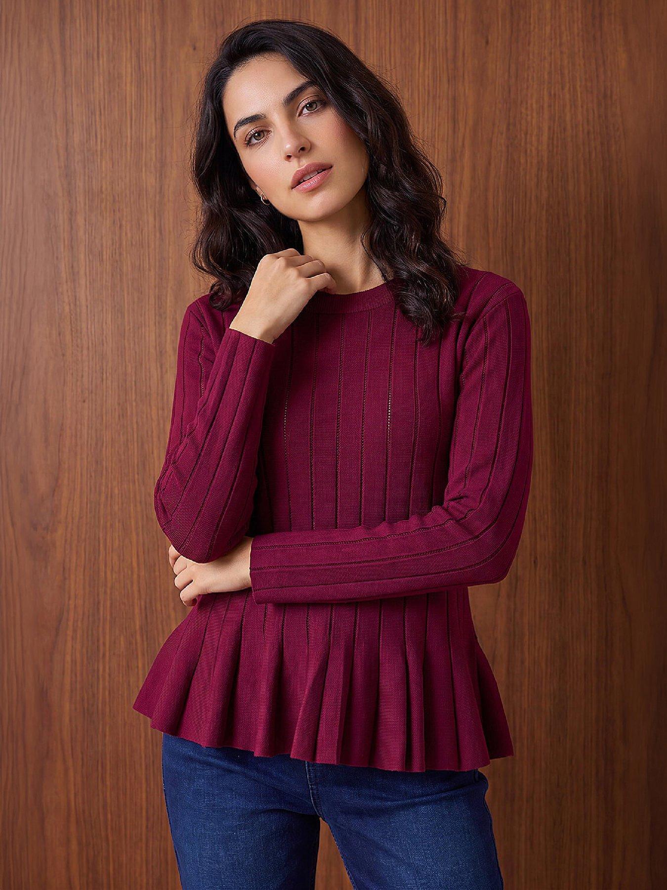 Image 1 of 4 of Roman Womens Peplum Ribbed Round Neck Top - Burgundy