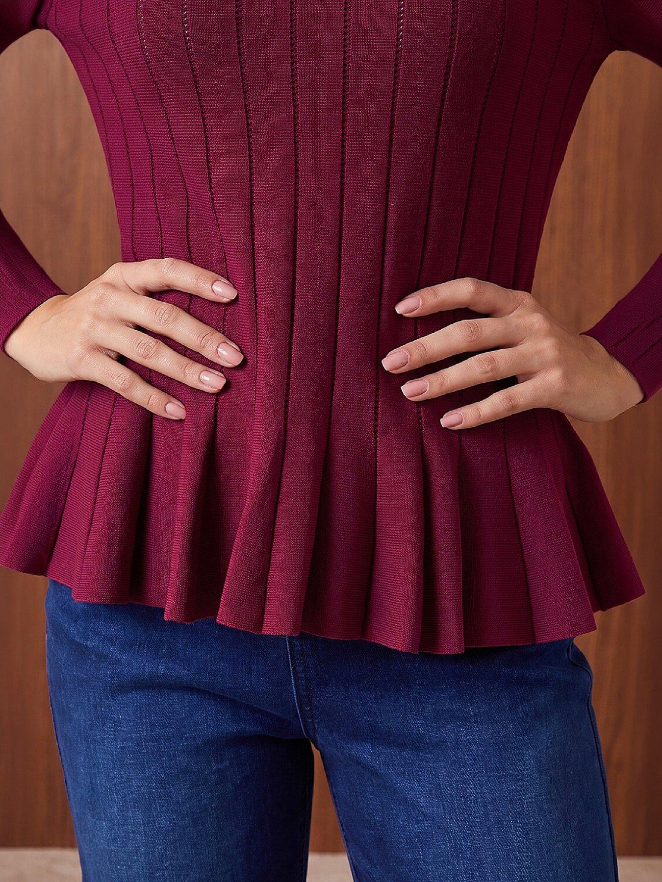 Image 2 of 4 of Roman Womens Peplum Ribbed Round Neck Top - Burgundy