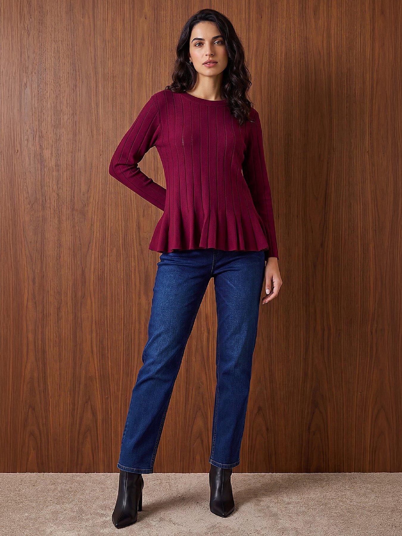 Image 3 of 4 of Roman Womens Peplum Ribbed Round Neck Top - Burgundy