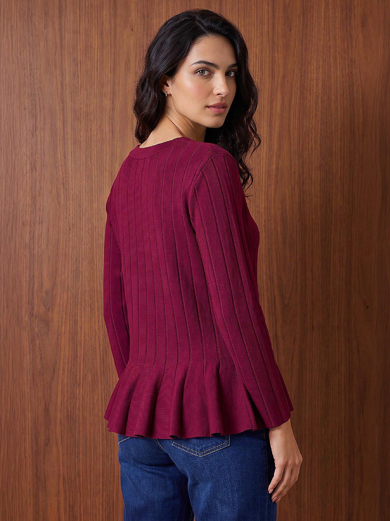Image 4 of 4 of Roman Womens Peplum Ribbed Round Neck Top - Burgundy