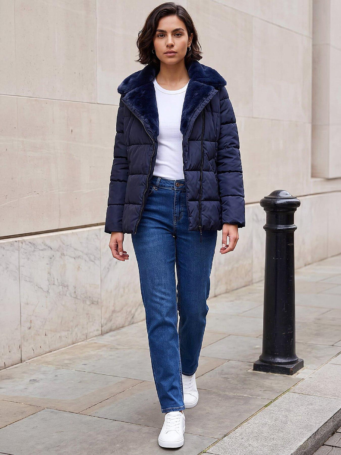 Image 1 of 4 of Roman Roman Womens Faux Fur Collar Padded Biker Coat - Blue