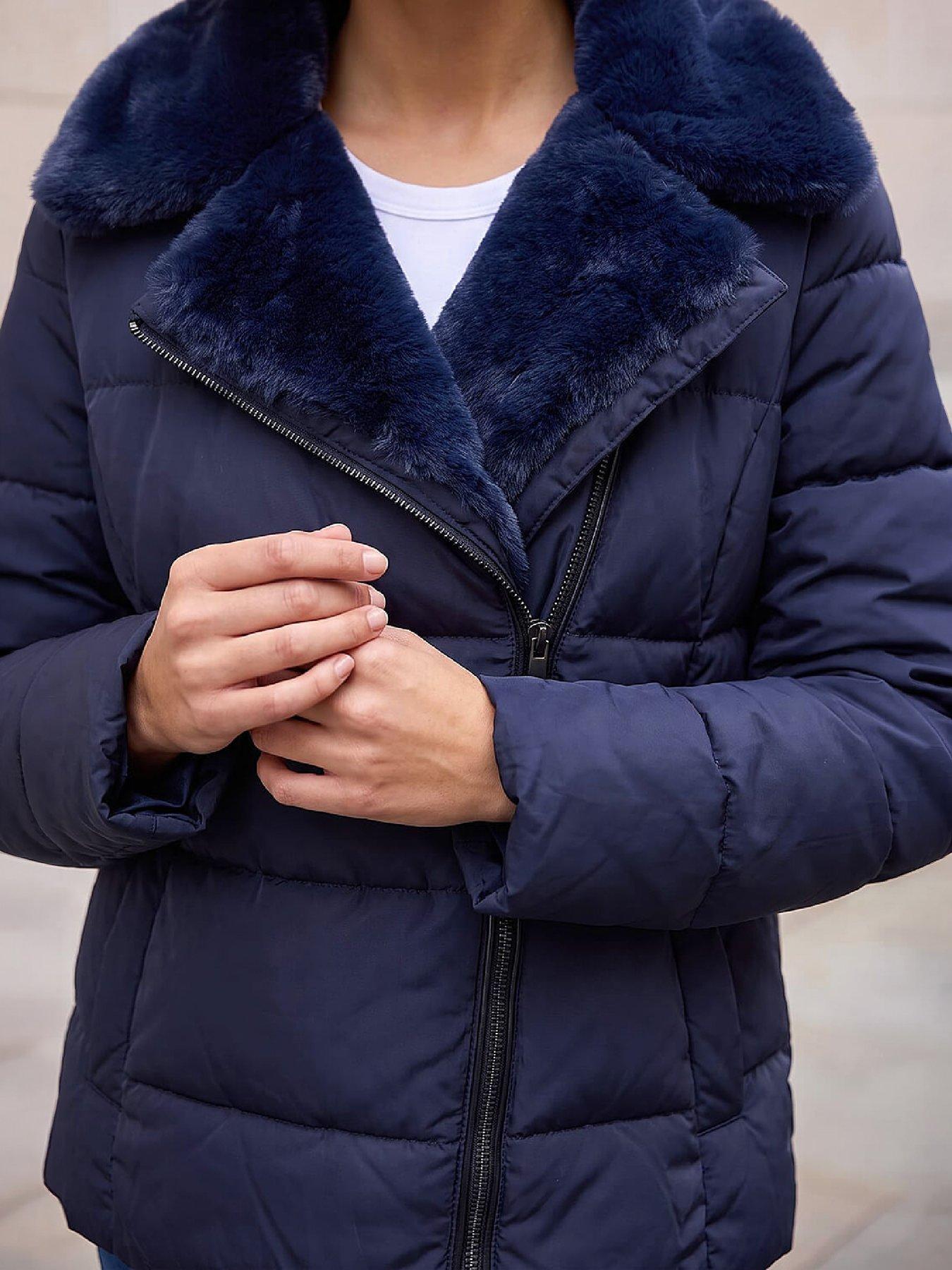 Image 2 of 4 of Roman Roman Womens Faux Fur Collar Padded Biker Coat - Blue