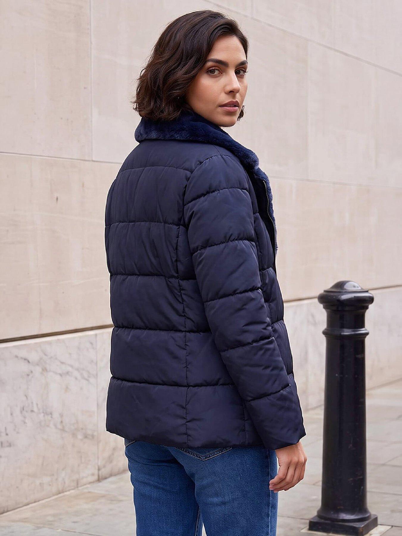 Image 3 of 4 of Roman Roman Womens Faux Fur Collar Padded Biker Coat - Blue