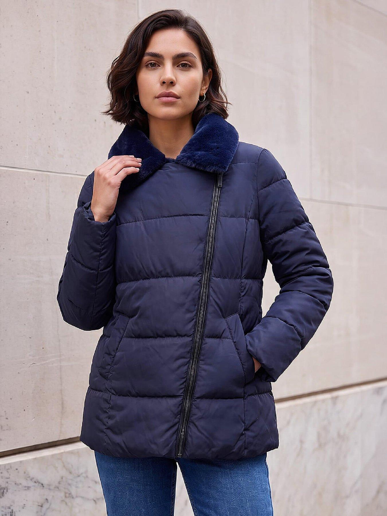 Image 4 of 4 of Roman Roman Womens Faux Fur Collar Padded Biker Coat - Blue