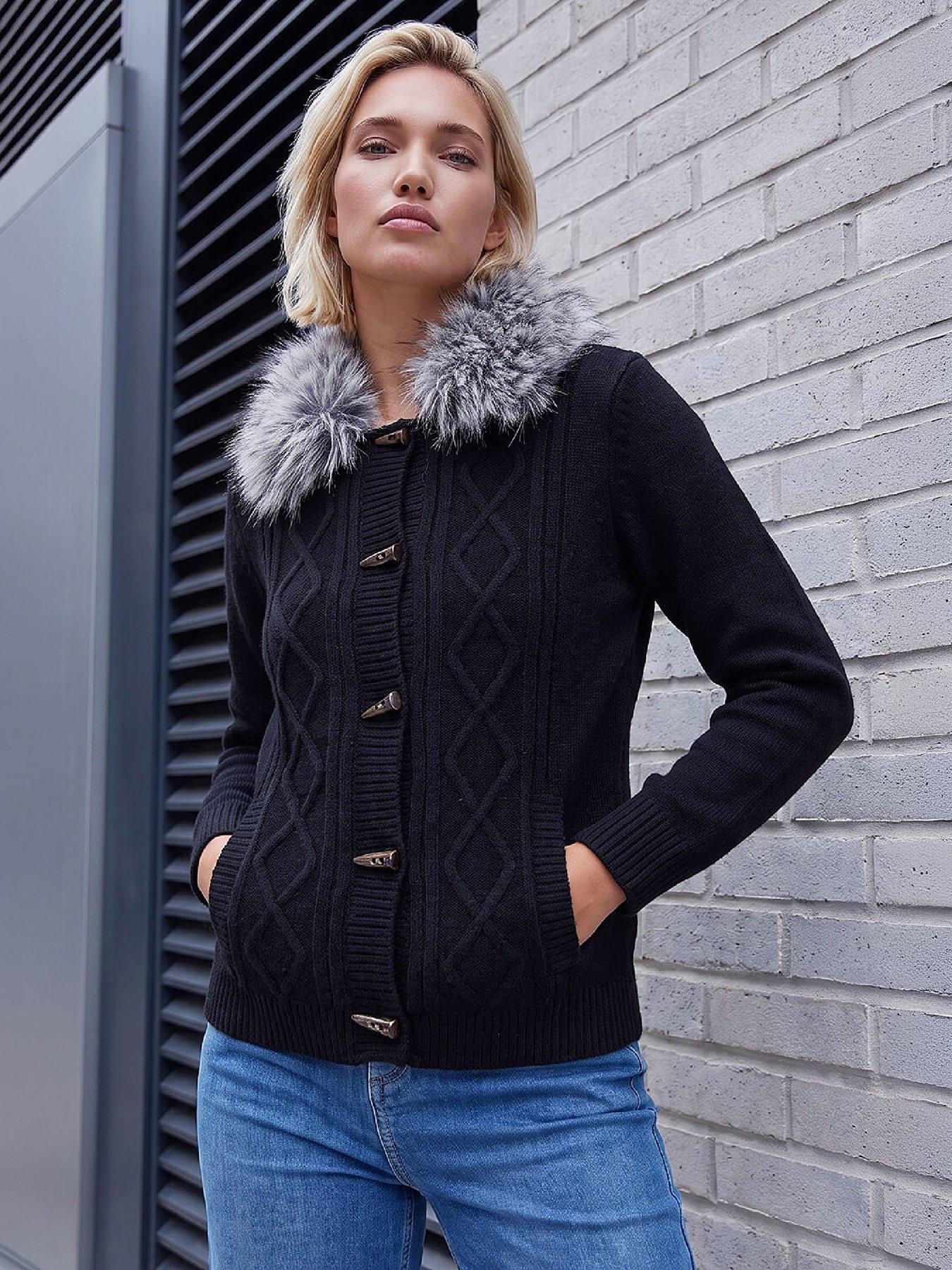 Roman Women's Black Faux Fur Collar Cardigan Sweater In | : Size 14 - Image 2