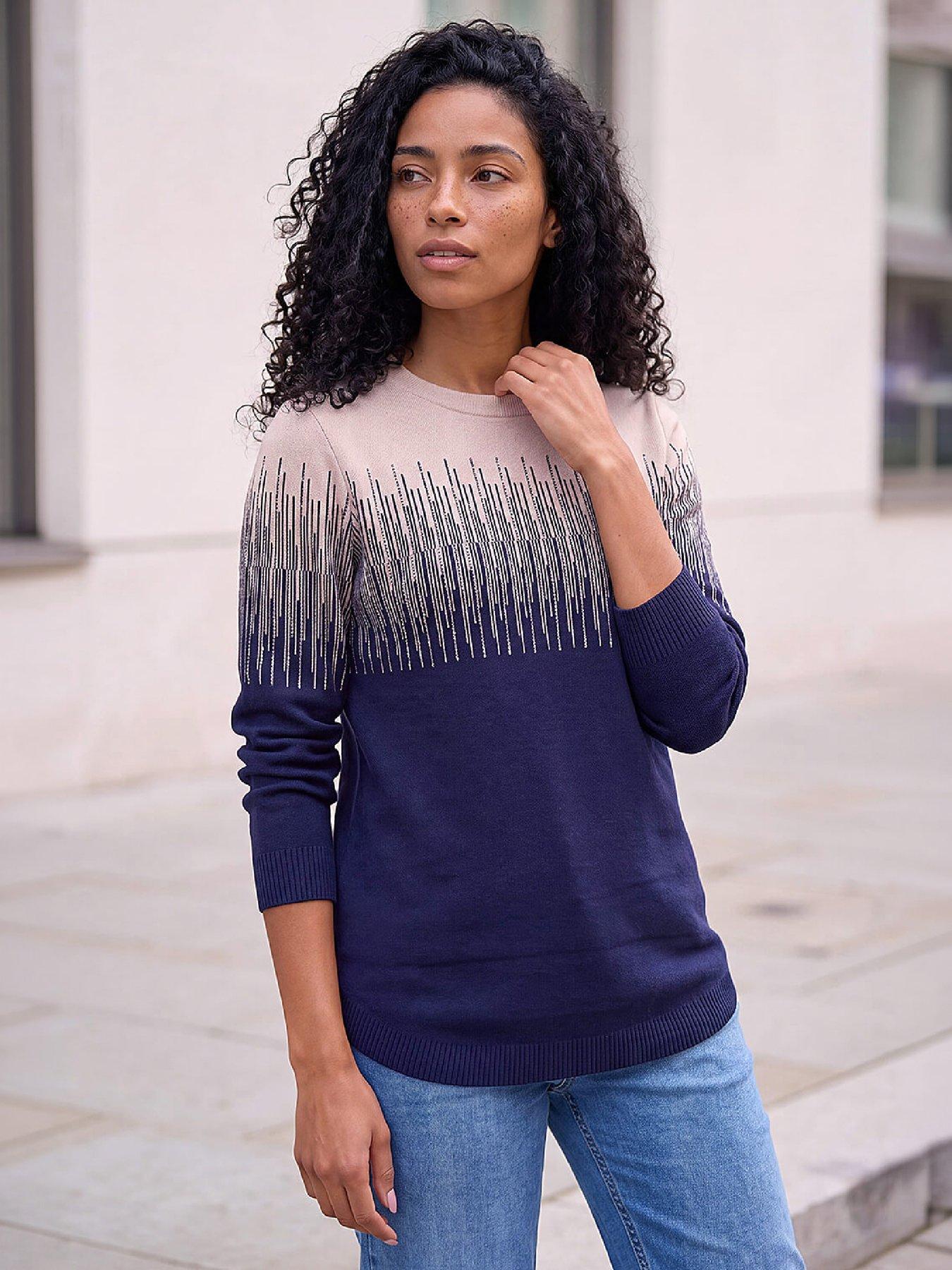 Roman Women's Navy Sparkly Colour Block Knitted Jumper Size 10 - Image 2