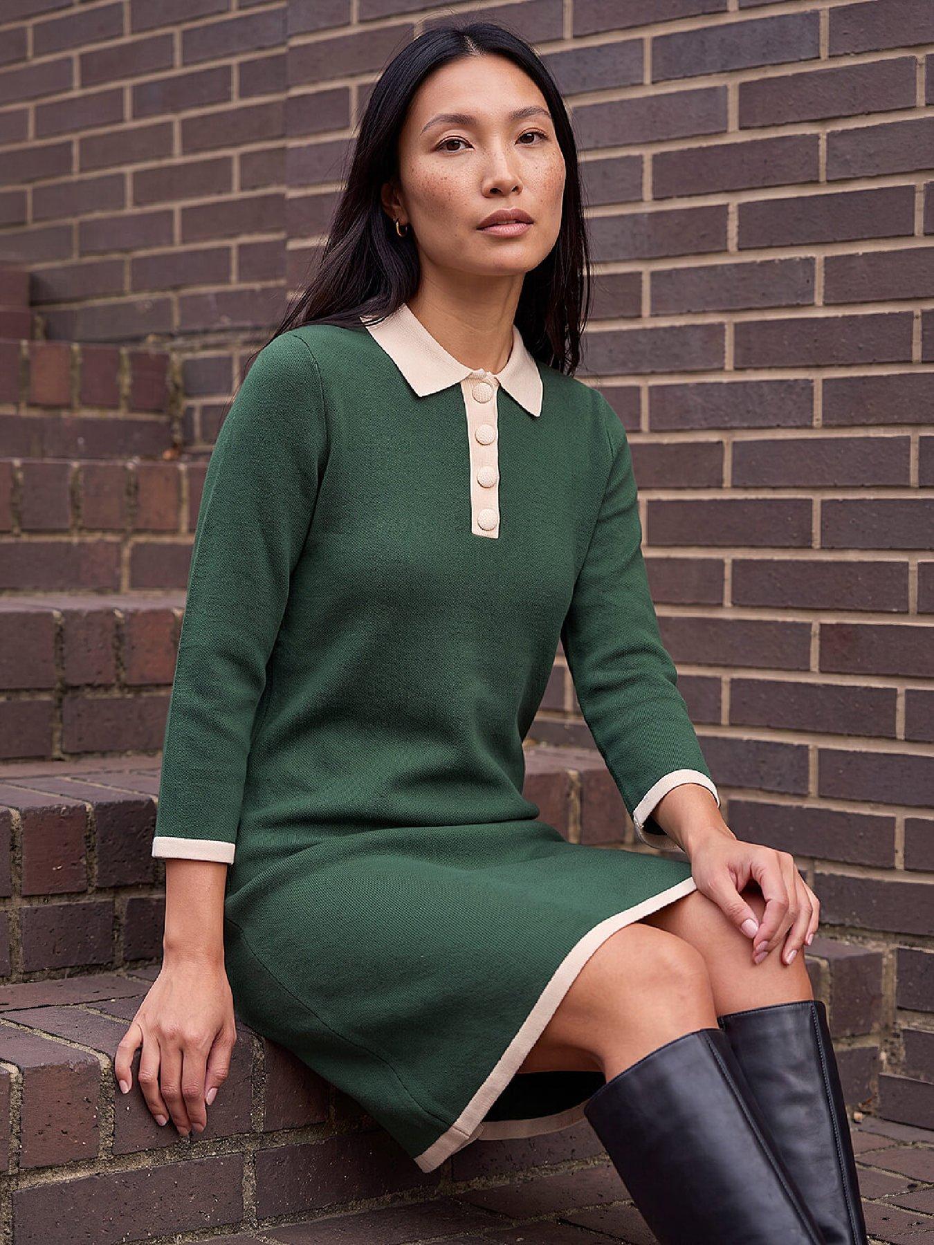 Roman Womens Contrast Collar Button Knitted Dress, Green, Size 16, Women - Image 3
