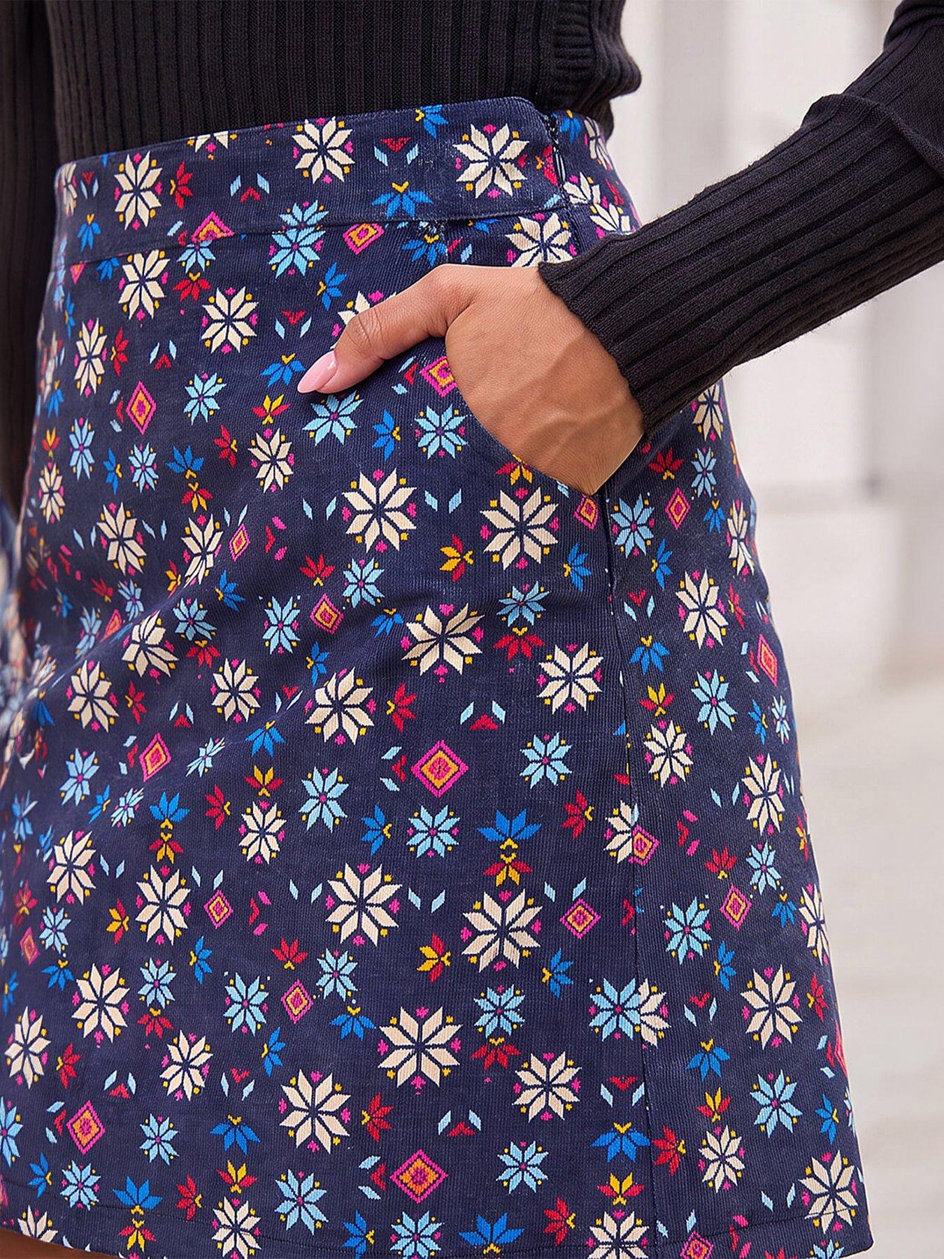 Image 3 of 4 of Roman Womens Geo Star Print Corduroy A-Line Skirt - Blue