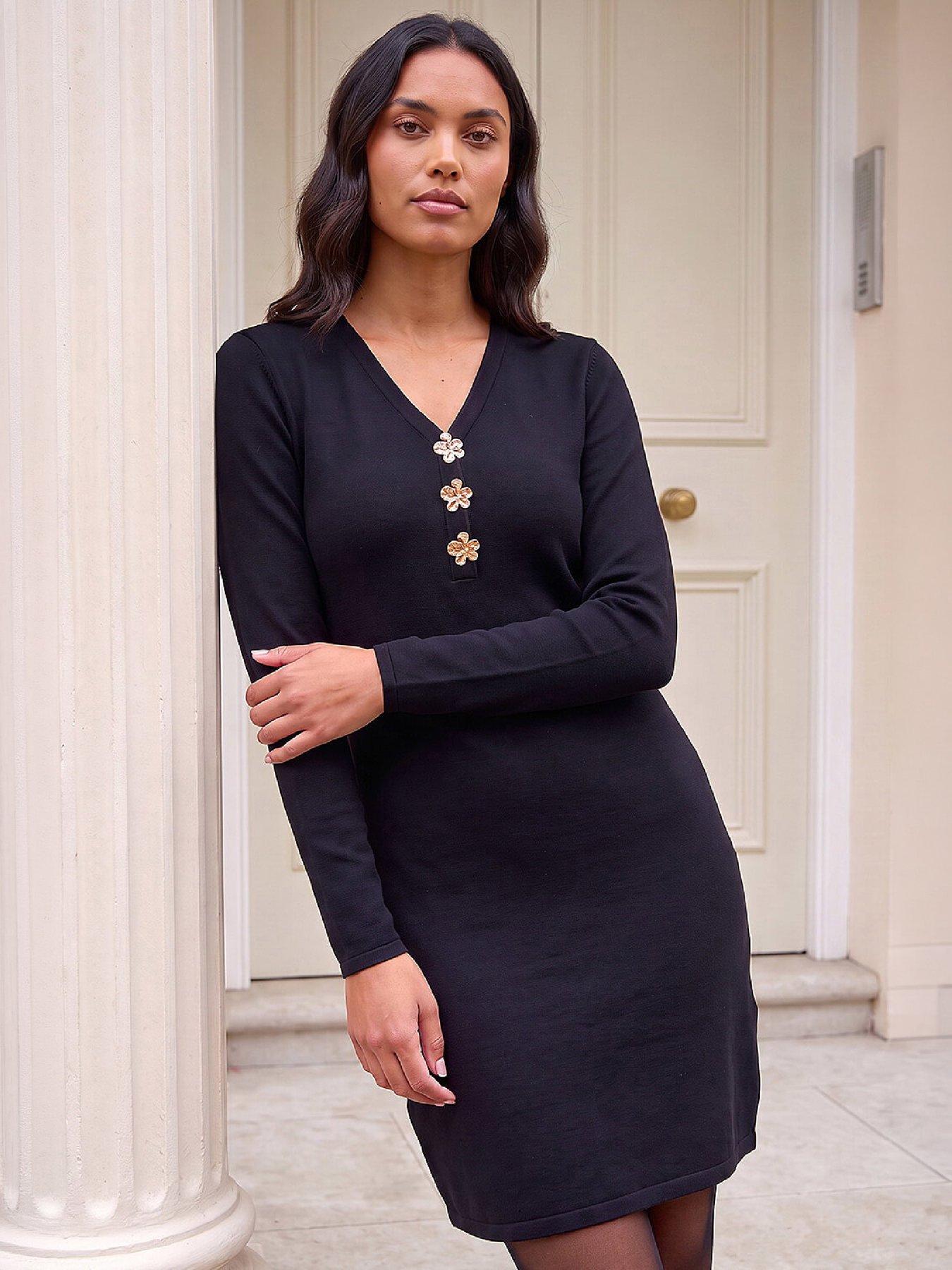 Roman Women's Black Floral Button Knitted Dress In Size 16 - Image 2