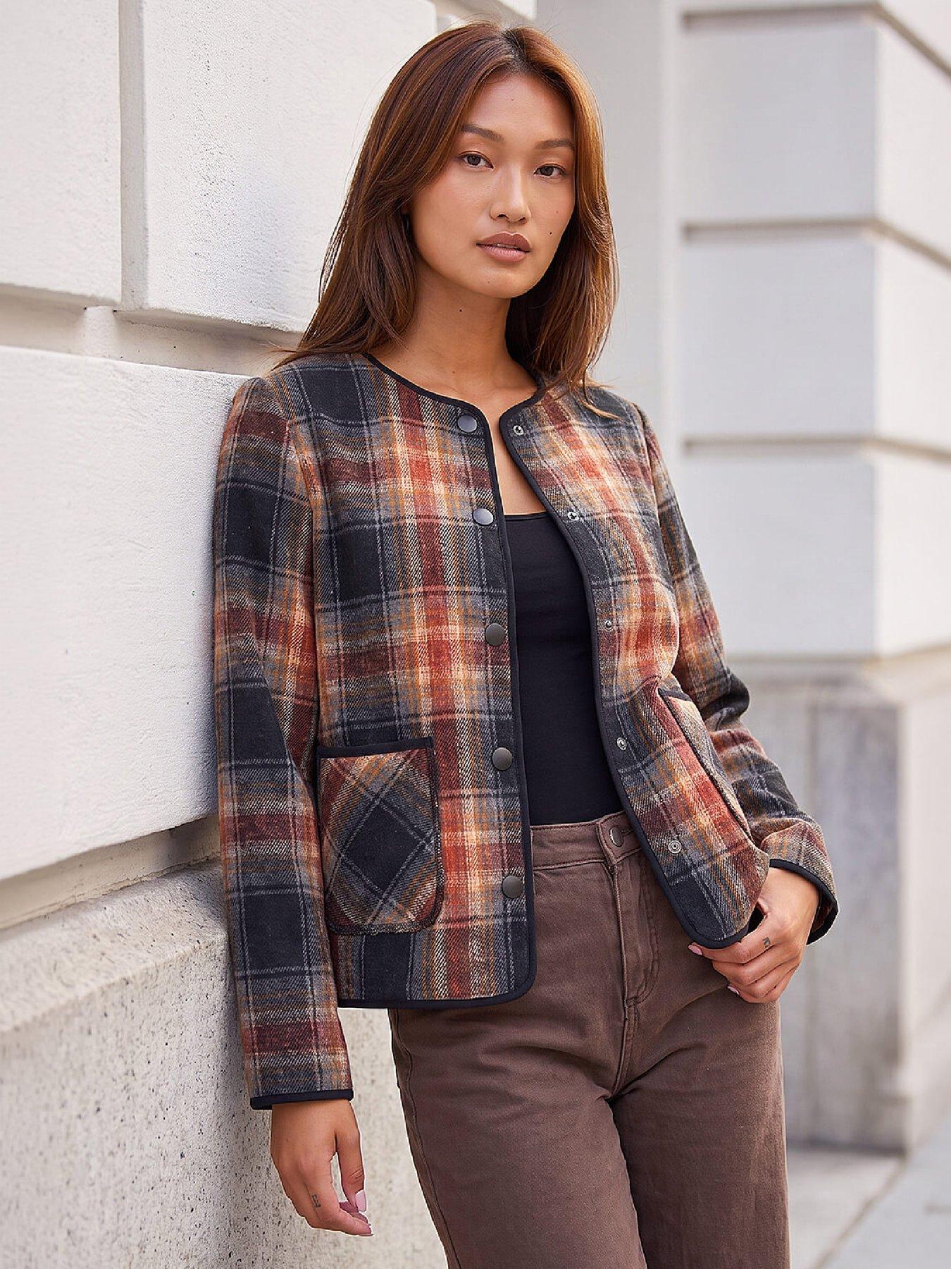 Image 1 of 4 of Roman Womens Check Button Edge-To-Edge Jacket - Multi
