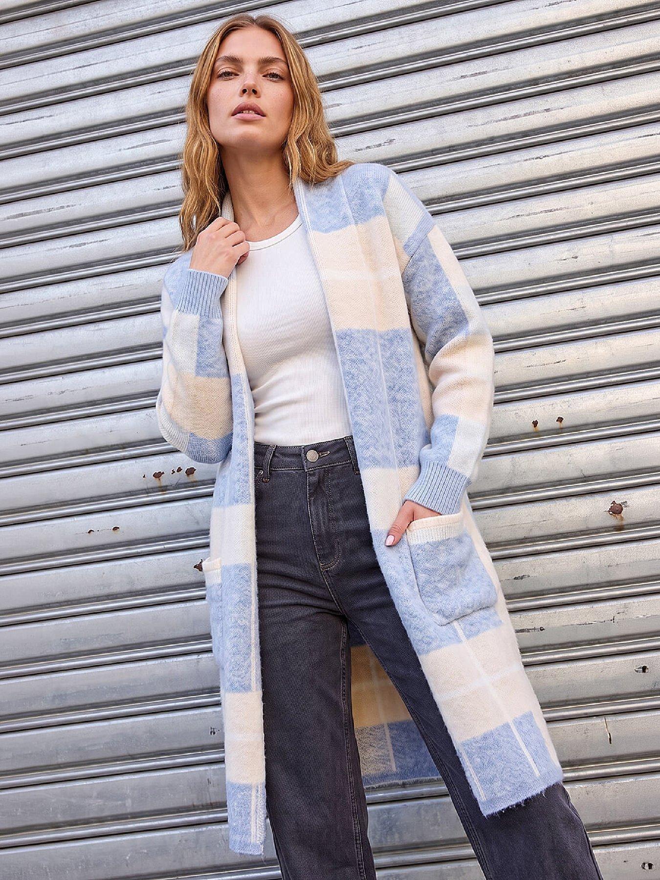 Roman Women's Light Blue Check Longline Pocket Cardigan In | Size: Medium - Image 2