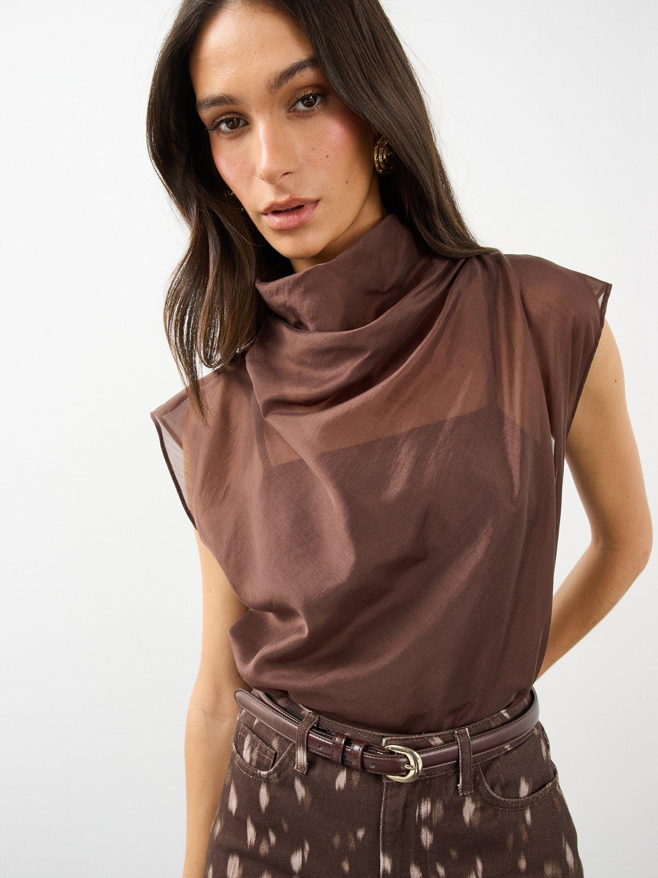 Image 1 of 6 of The Very Collection Womens Cowl Neck Sheer Sleeveless Top - Brown