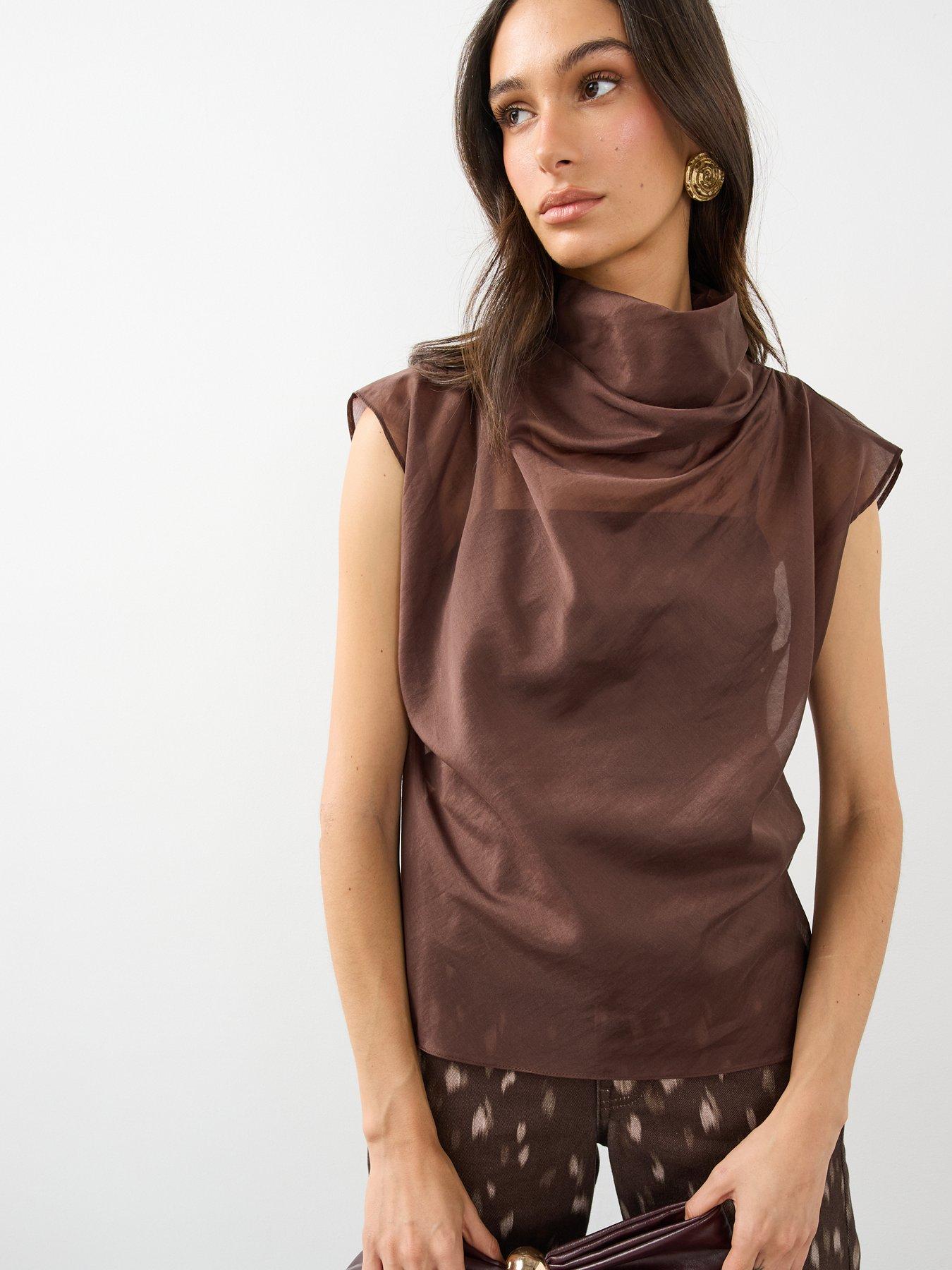 Image 4 of 6 of The Very Collection Womens Cowl Neck Sheer Sleeveless Top - Brown