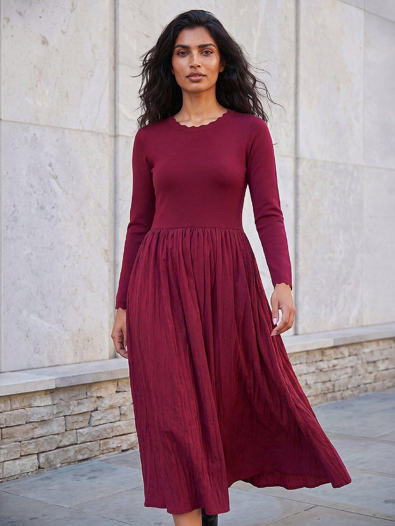 Image 1 of 4 of Roman Roman Womens Scalloped Neck Midi Long Sleeve Dress - Red