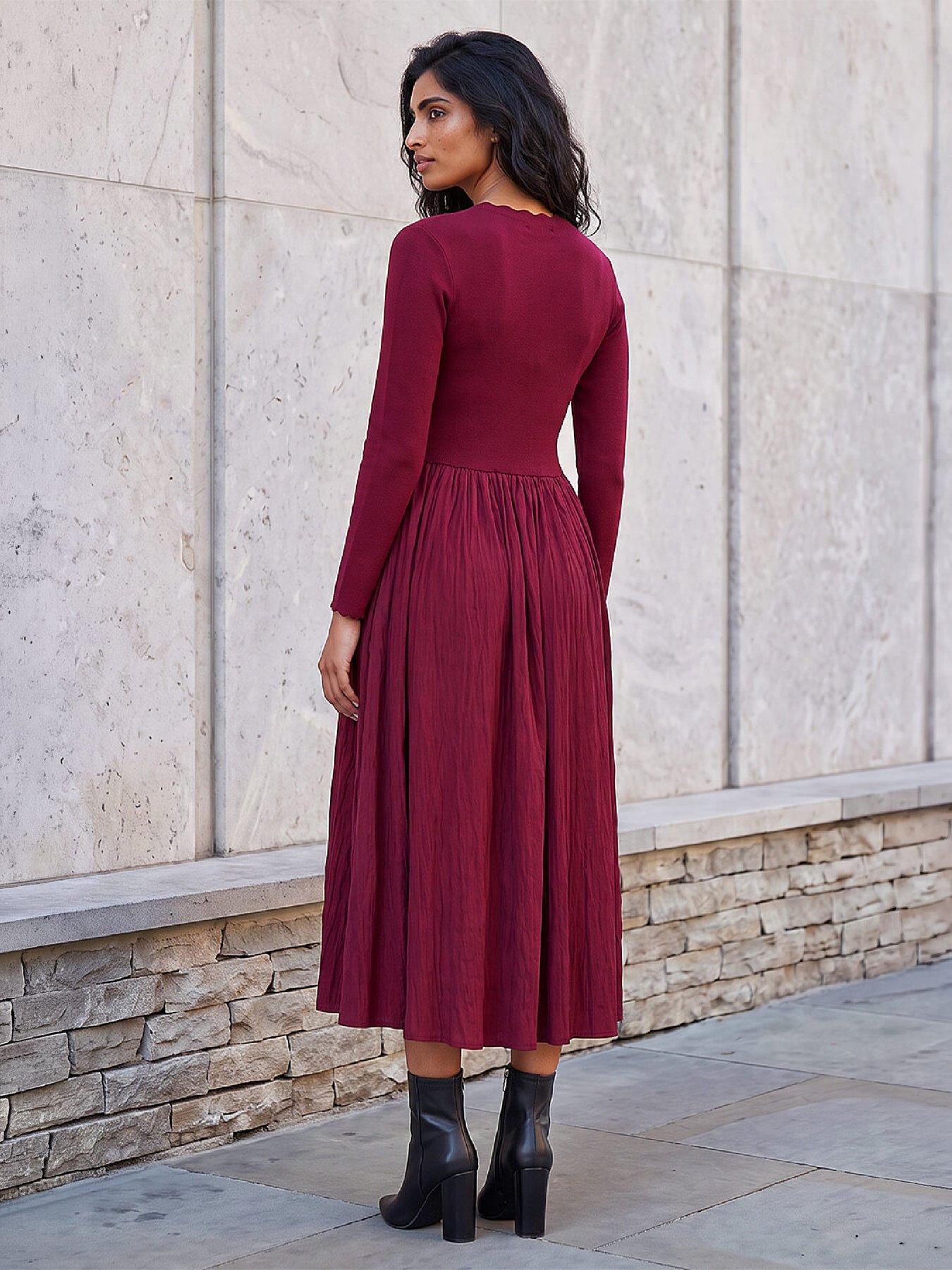 Image 3 of 4 of Roman Roman Womens Scalloped Neck Midi Long Sleeve Dress - Red