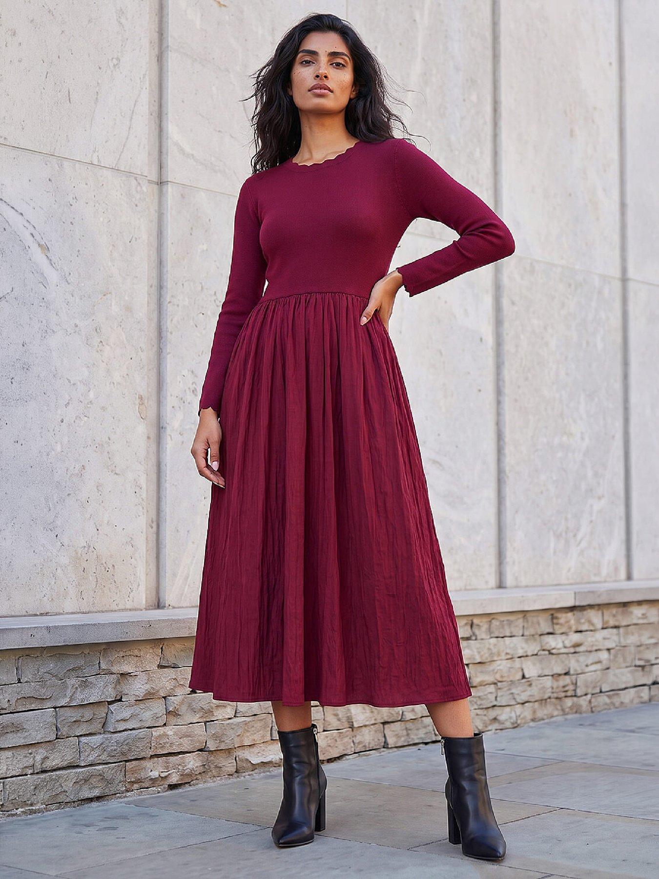 Image 4 of 4 of Roman Roman Womens Scalloped Neck Midi Long Sleeve Dress - Red
