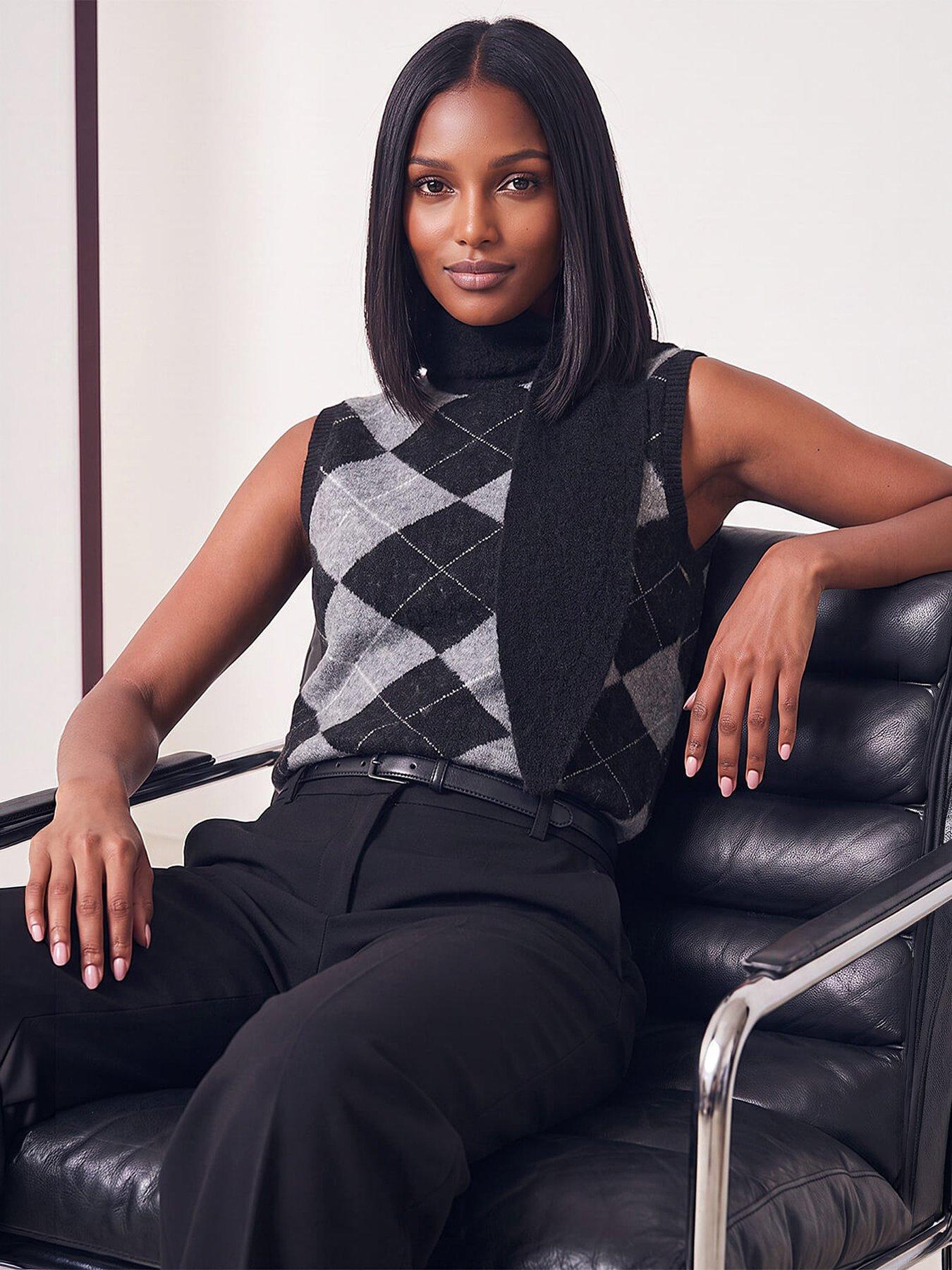 Image 1 of 4 of Roman Womens Scarf Detail Sleeveless Argyle Jumper - Black