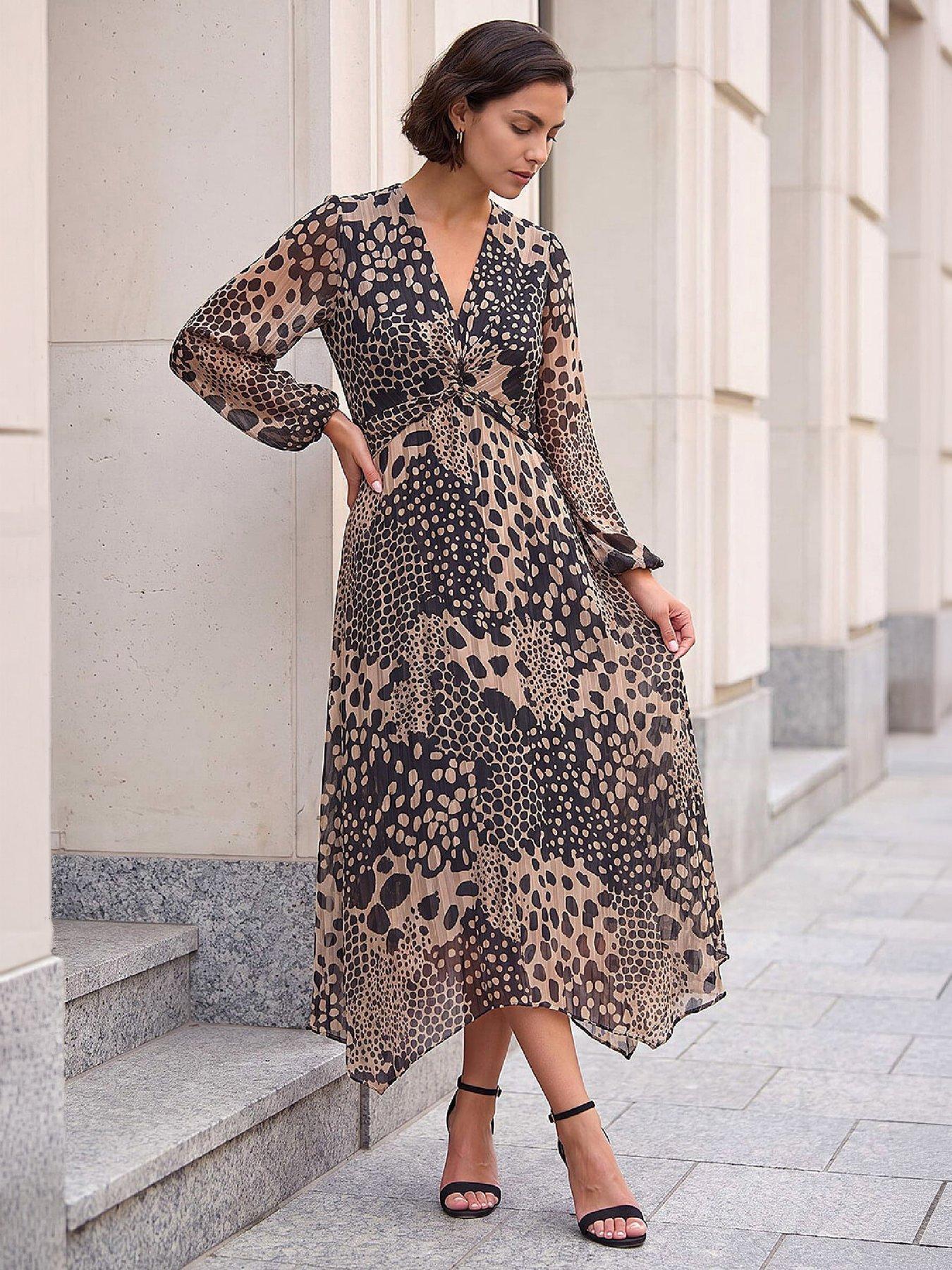 Roman Originals Women's Animal Beige Roman Fit And Flare Dress For Chest Twist Knot Ruched Tea Skater Empire Waist Wedding Guest Smart Casual Swing Midi 3/4 Long Sleeve Knee Length - Image 4