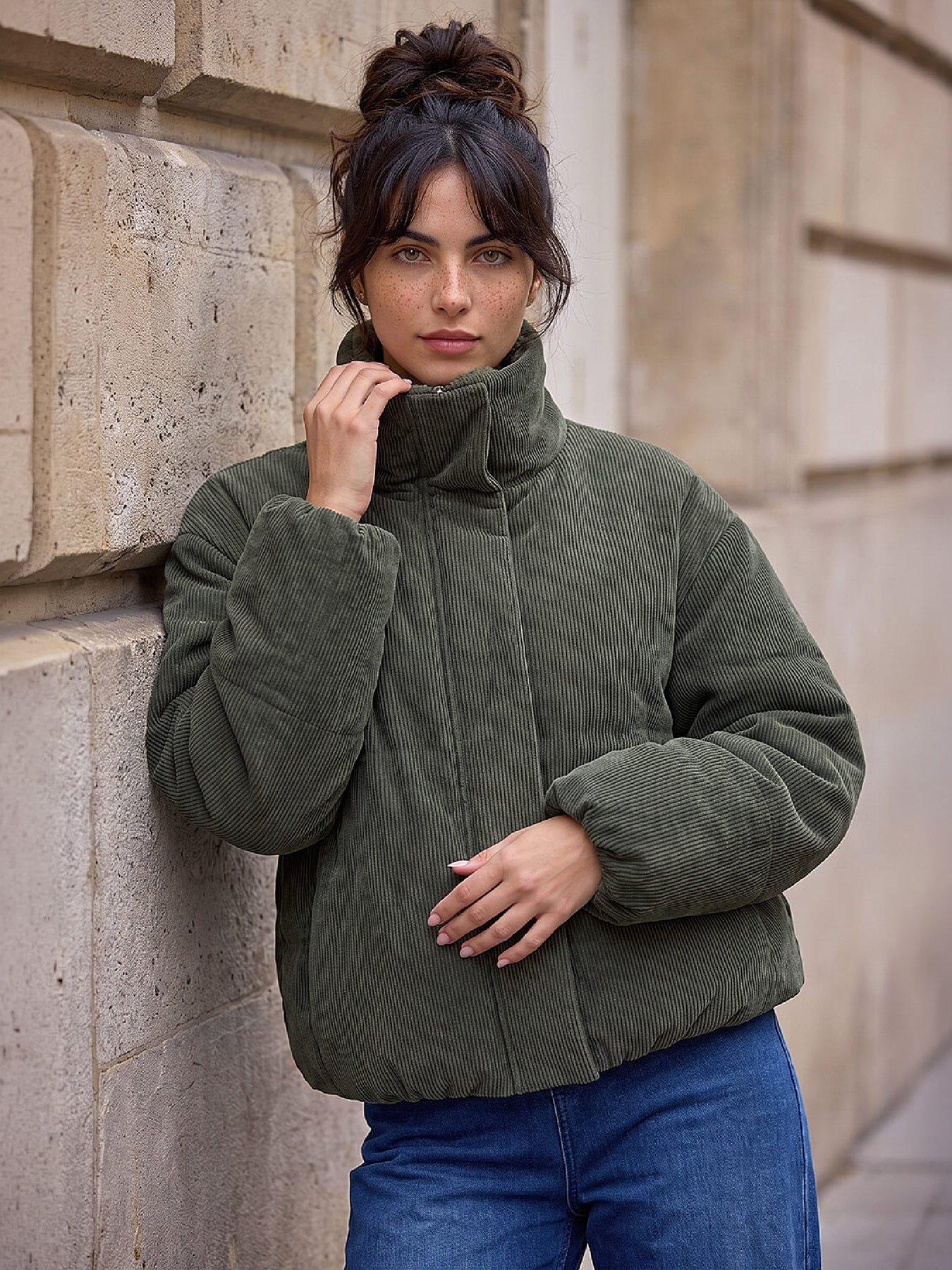 Dusk Women's Corduroy Puffer Coat in Khaki | Size: 12 - Image 2