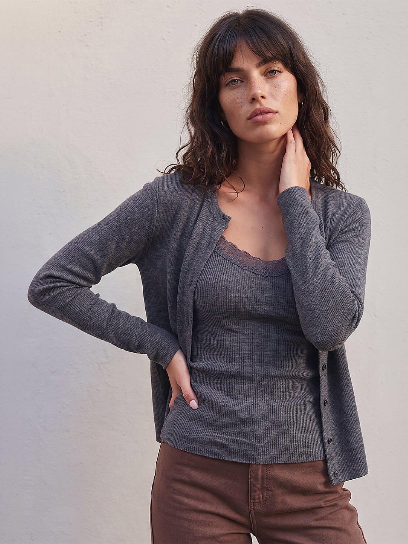 Image 1 of 4 of Roman Womens 2-in-1 Lace Trim Long Sleeve Cardigan - Grey