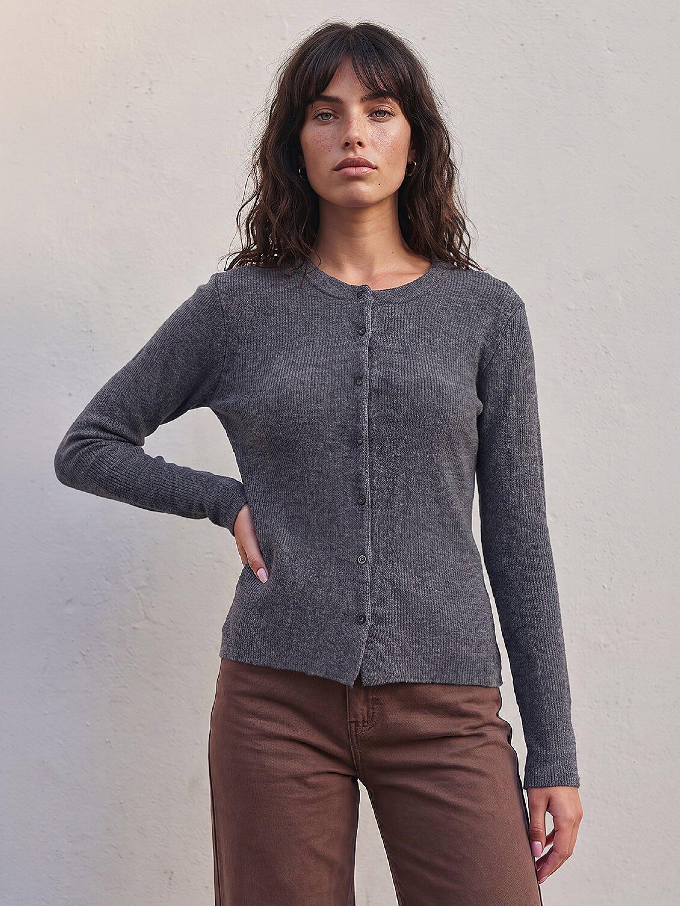 Image 4 of 4 of Roman Womens 2-in-1 Lace Trim Long Sleeve Cardigan - Grey