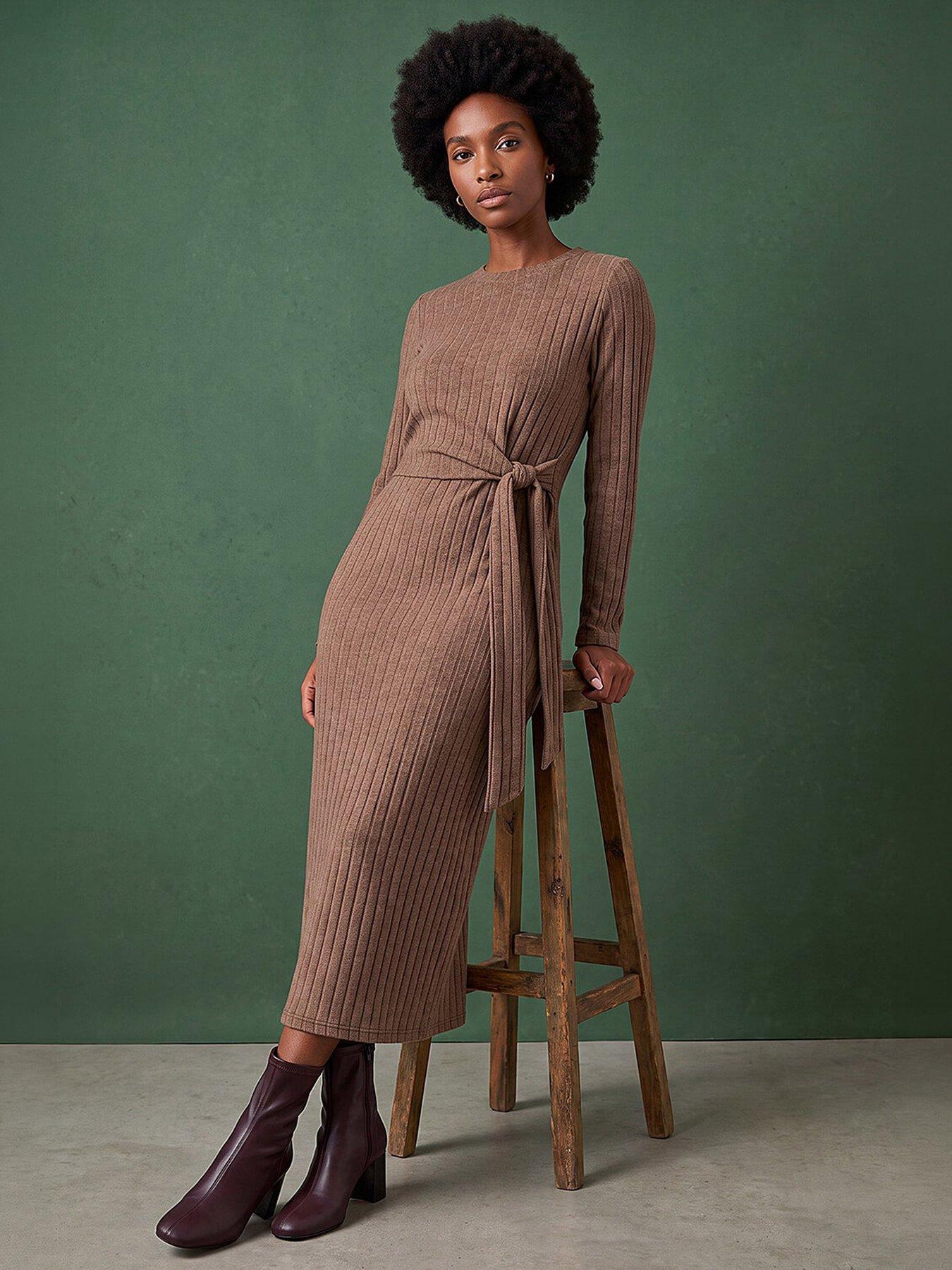 Roman Women's Beige Textured Tie Side Midi Dress In | : Size 10 - Image 2