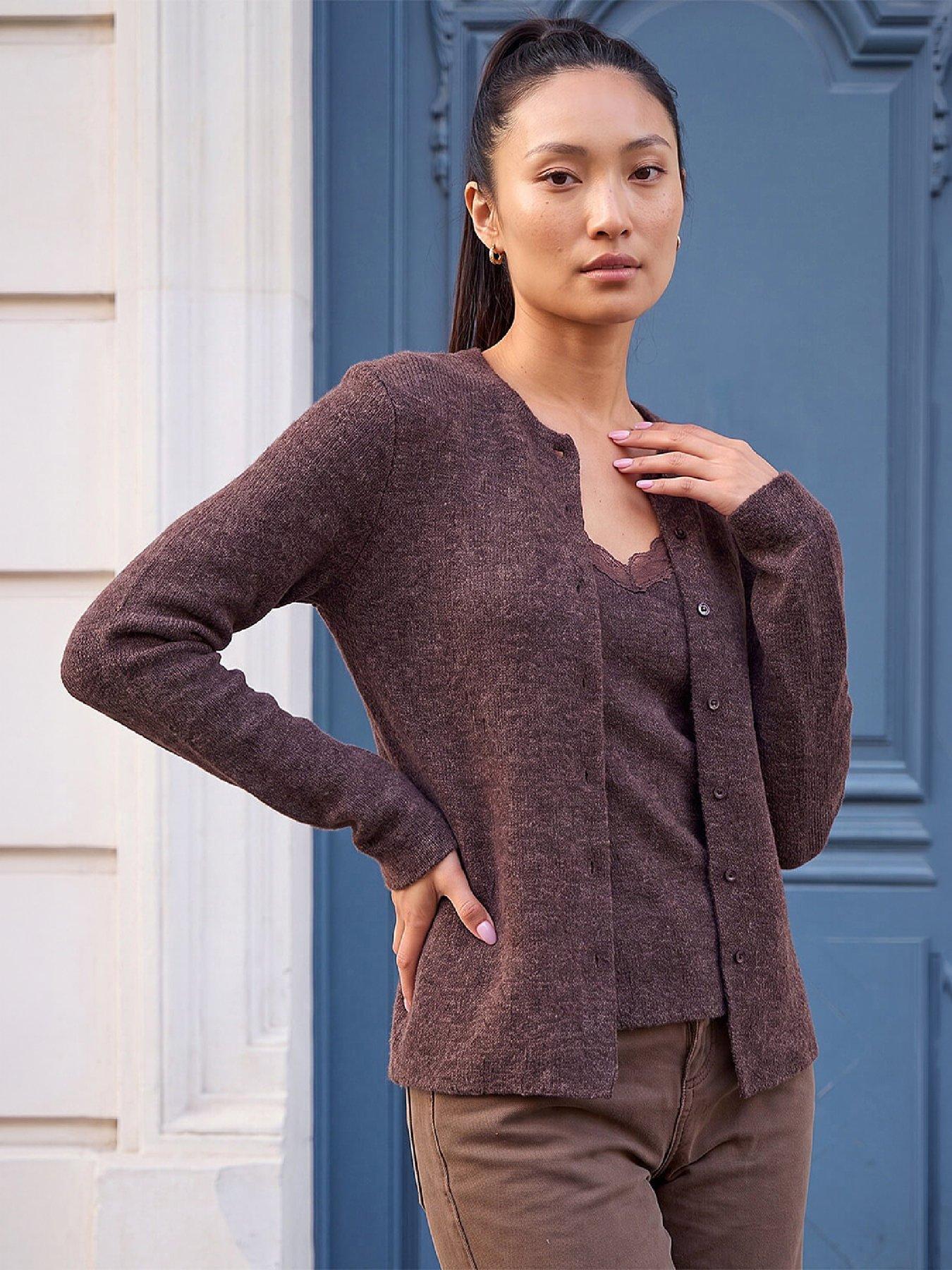 Roman Women's Chocolate Lace Trim 2-In-1 Cardigan Size 12 - Image 2