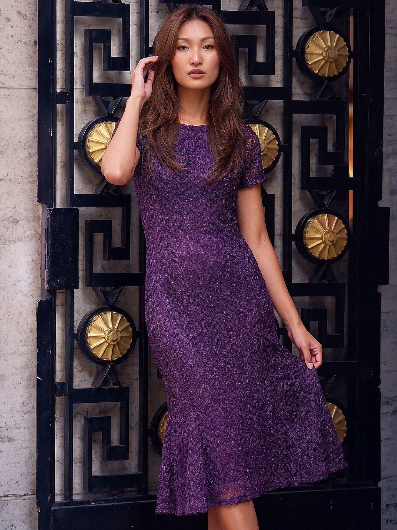 Roman Women's Purple Sparkle Lace Flute Hem Dress Size 10 - Image 2