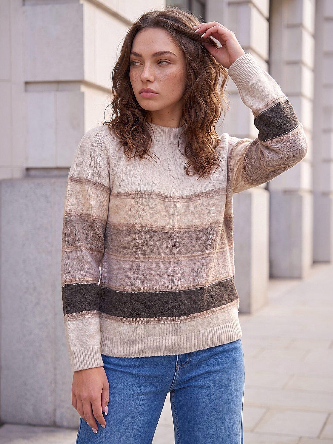 Roman Women's Stone Petite Stripe Cable Knit Jumper In Size 14 - Image 2