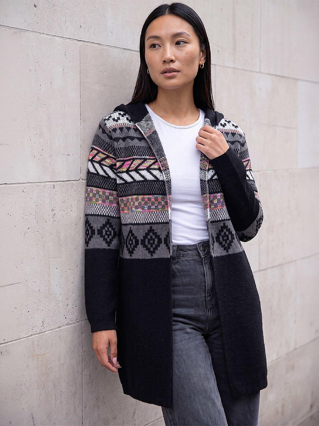 Image 1 of 3 of Roman Womens Nordic Jacquard Longline Hooded Cardigan - Black