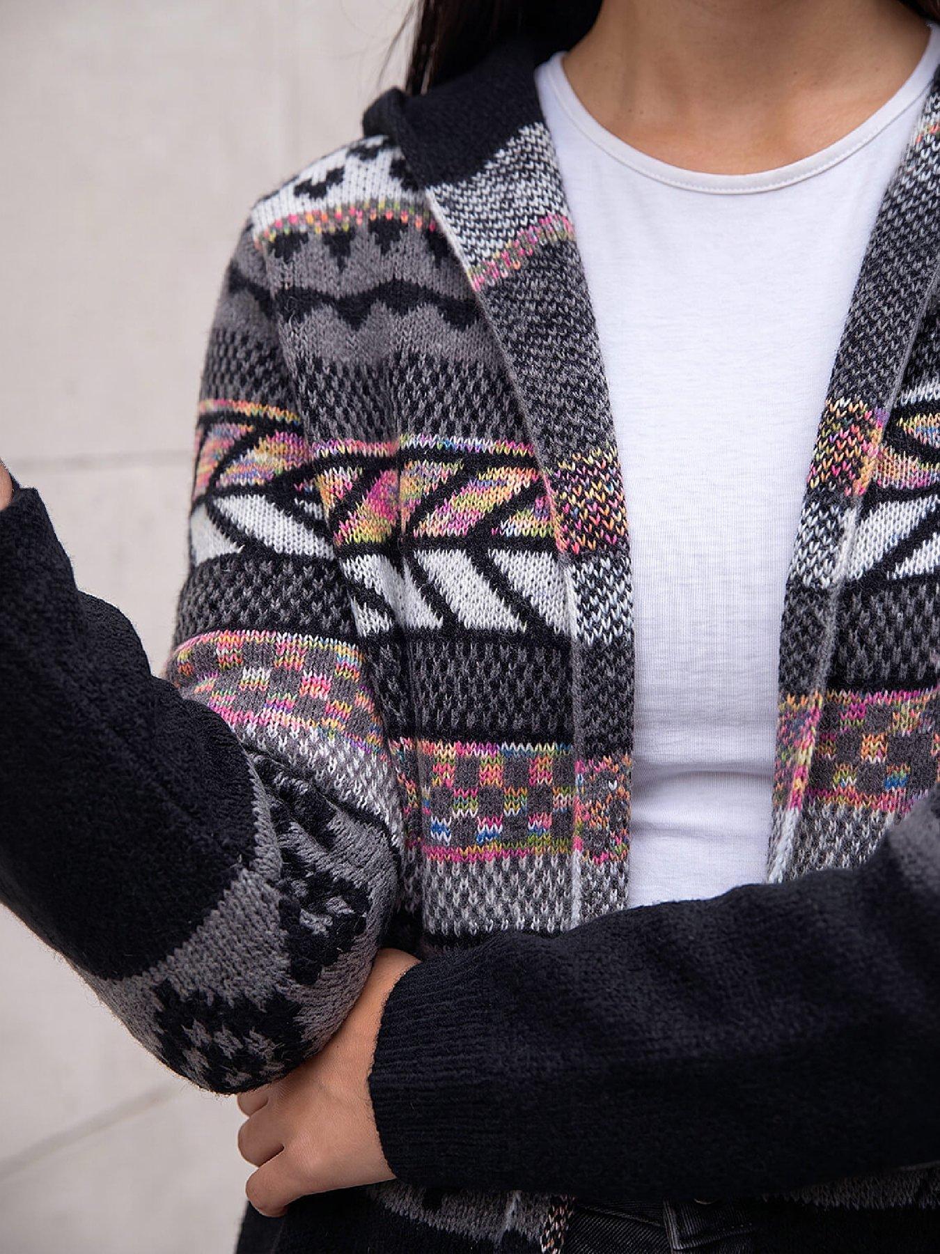 Image 2 of 3 of Roman Womens Nordic Jacquard Longline Hooded Cardigan - Black