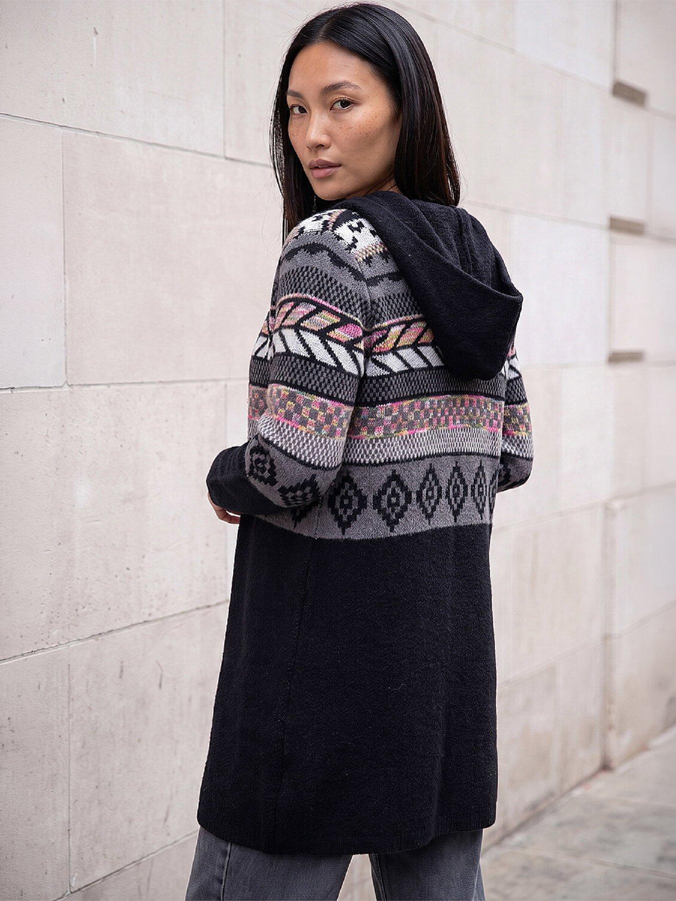 Image 3 of 3 of Roman Womens Nordic Jacquard Longline Hooded Cardigan - Black