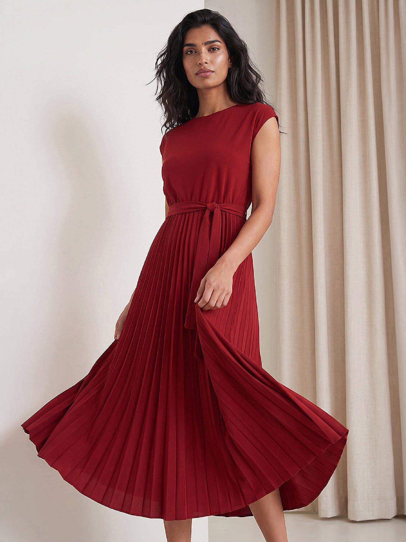 Roman Wine Pleated Tie Waist Dress - Image 3