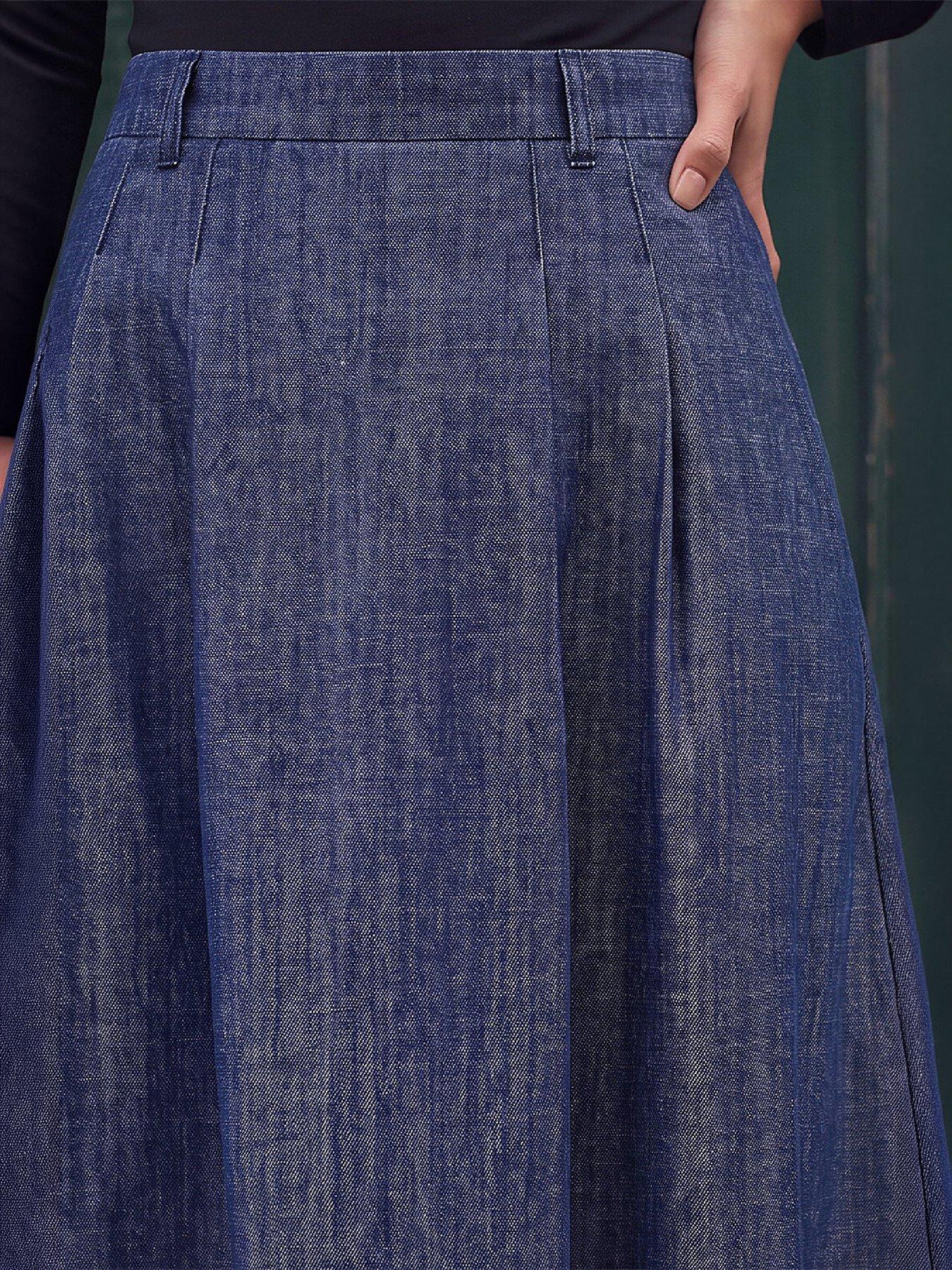 Image 2 of 4 of Roman Womens A-Line Pleat Elasticated Waist Denim Skirt - Blue