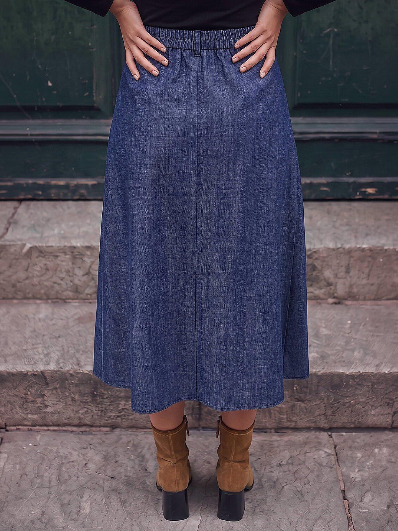 Image 3 of 4 of Roman Womens A-Line Pleat Elasticated Waist Denim Skirt - Blue