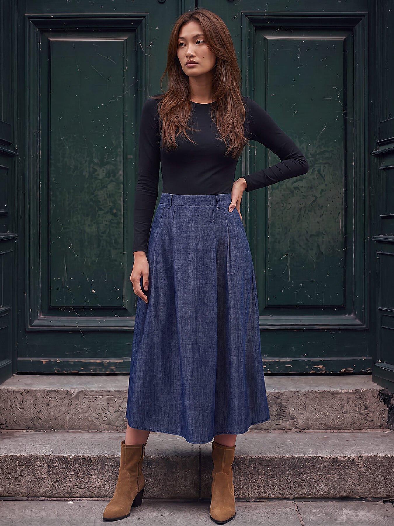 Image 4 of 4 of Roman Womens A-Line Pleat Elasticated Waist Denim Skirt - Blue