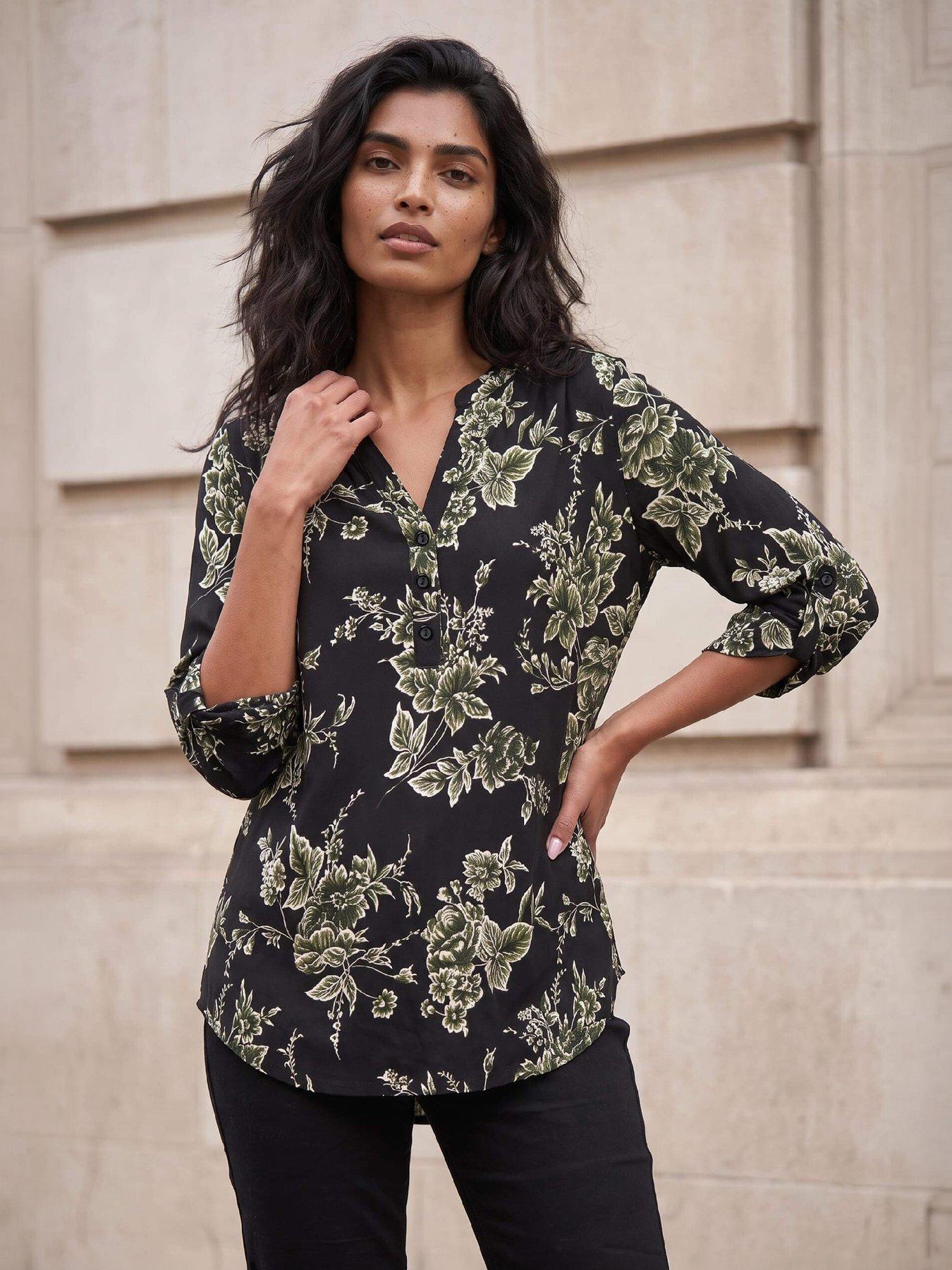 Roman Green Floral Puff Print Stretch Blouse - Image 3