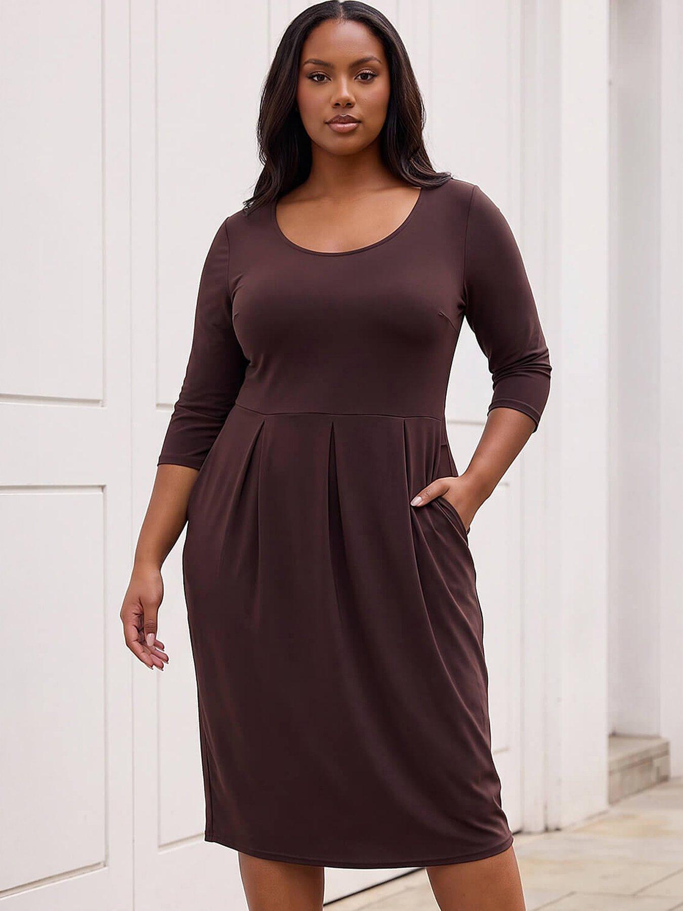 Image 1 of 4 of Roman Womens Curve Shift Side Pocket Round Neck Dress - Brown