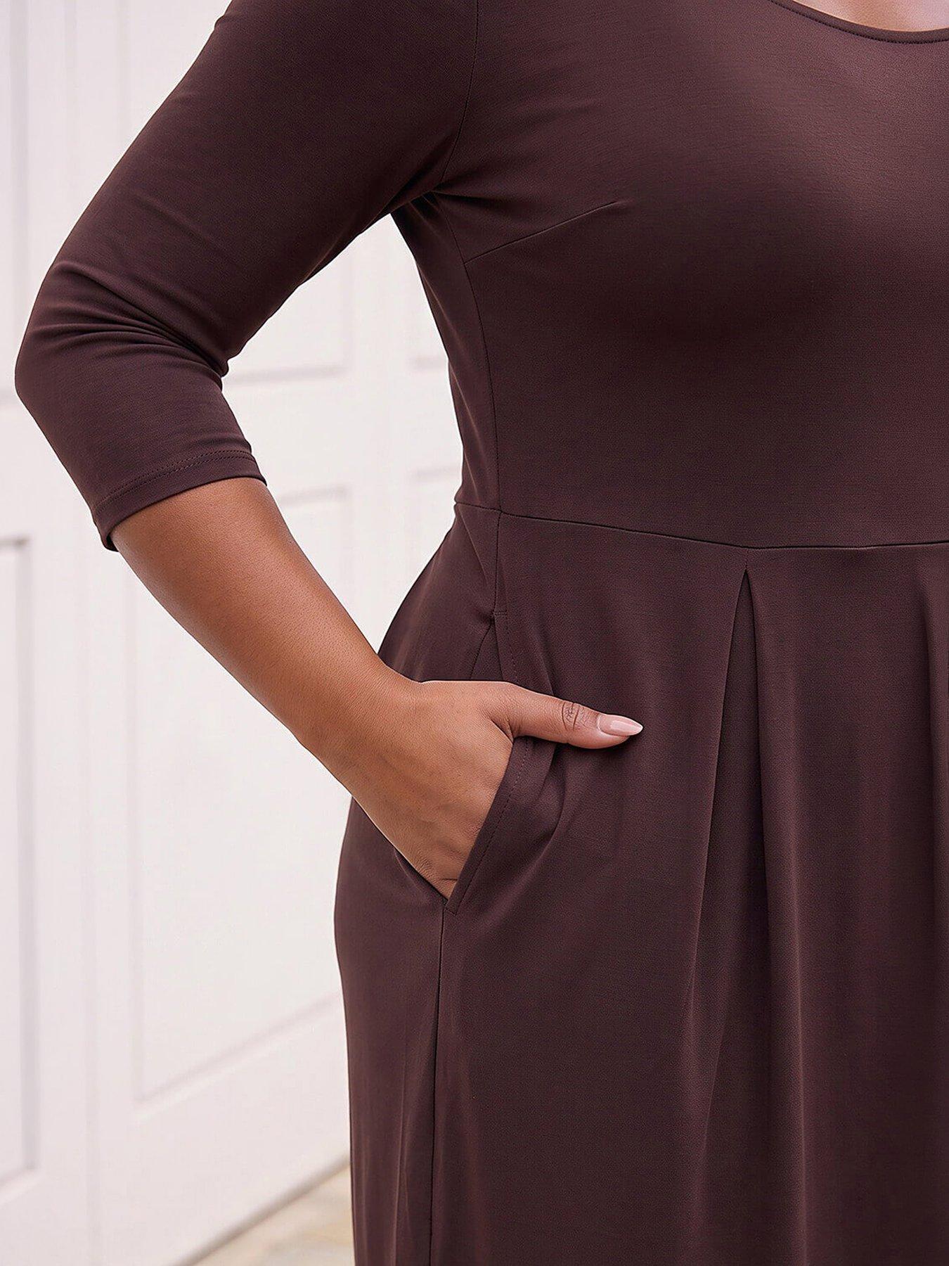 Image 2 of 4 of Roman Womens Curve Shift Side Pocket Round Neck Dress - Brown