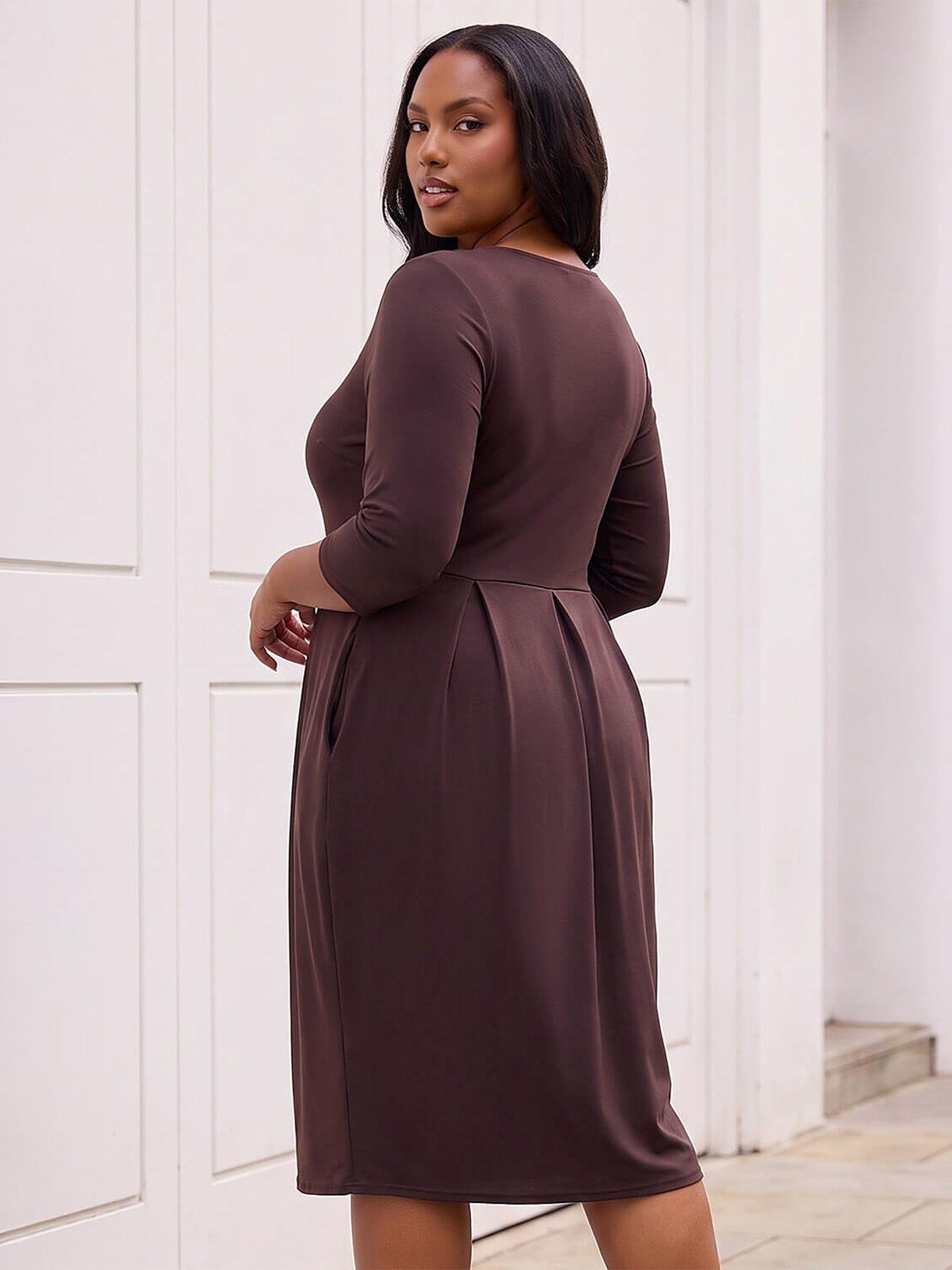 Image 3 of 4 of Roman Womens Curve Shift Side Pocket Round Neck Dress - Brown