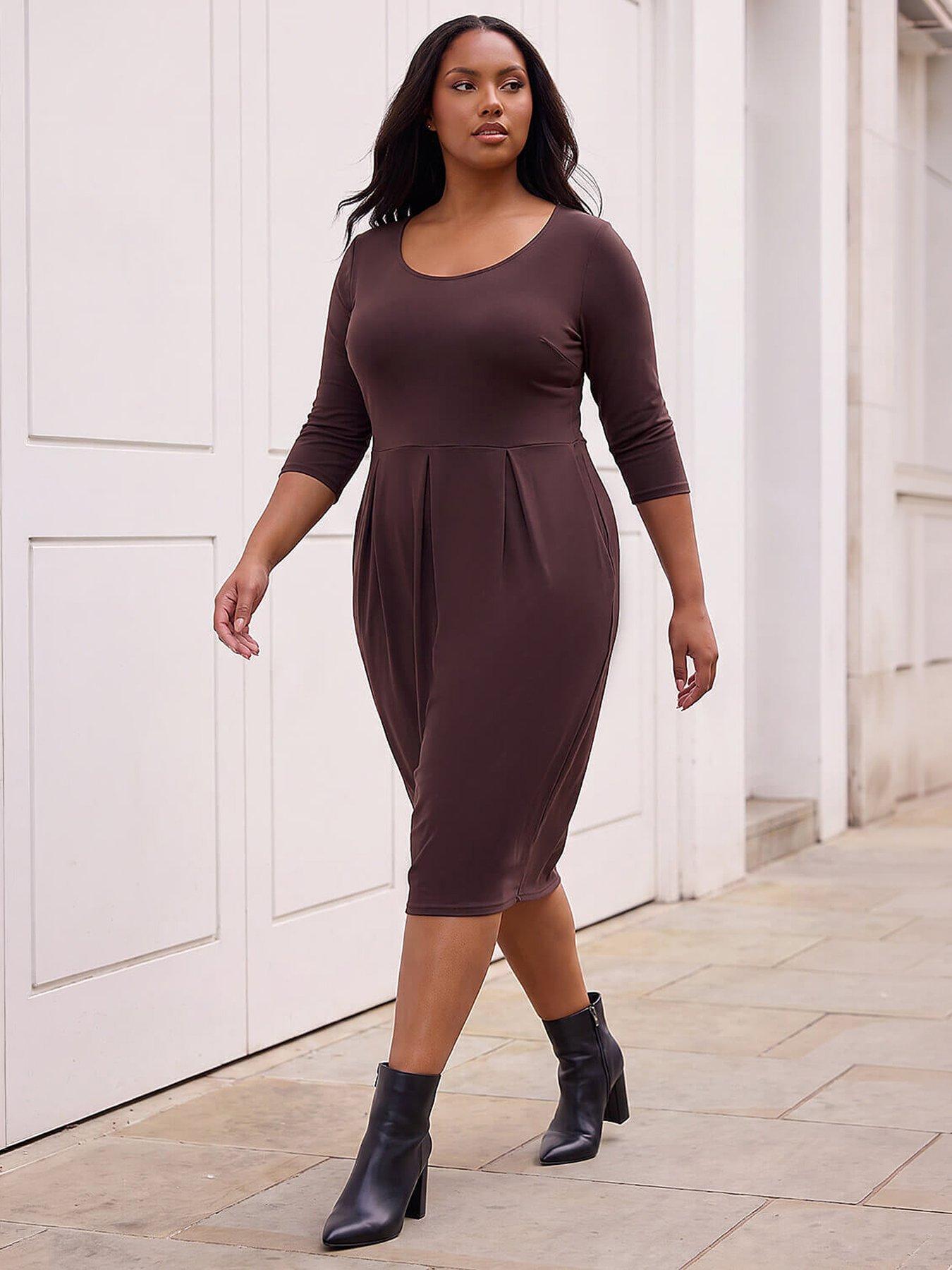 Image 4 of 4 of Roman Womens Curve Shift Side Pocket Round Neck Dress - Brown