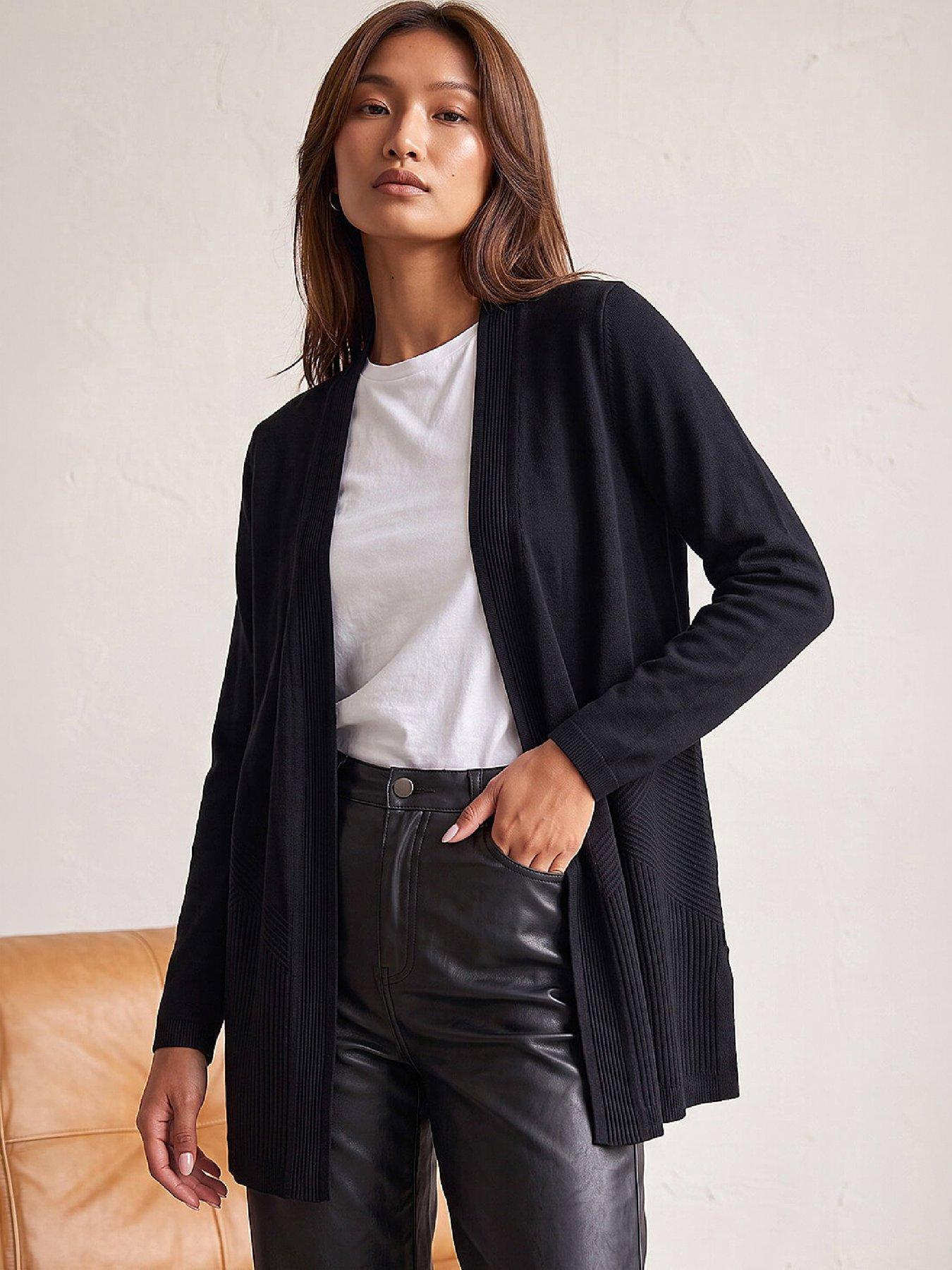 Roman Women's Black Detailed Rib Cardigan Sweater In | : Size 10 - Image 2